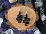 Load image into Gallery viewer, Celestial Snakes - Witchy Halloween Earrings - Engraved Glitter Black Acrylic Handmade Jewelry
