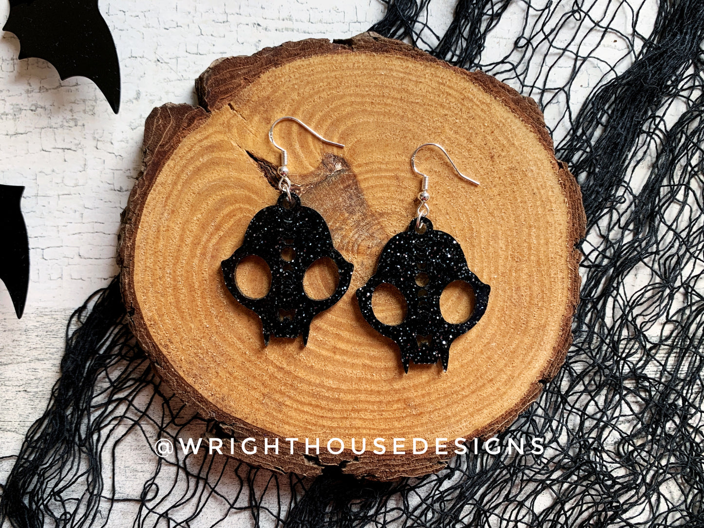 Gothic Style Cat Skulls - Witchy Halloween Earrings - Glitter Black Acrylic Handmade Jewelry