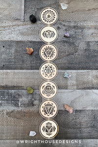 Chakra Symbols - Wood Crystal Grids - Coaster - Coffee and Tea - Meditation Guide