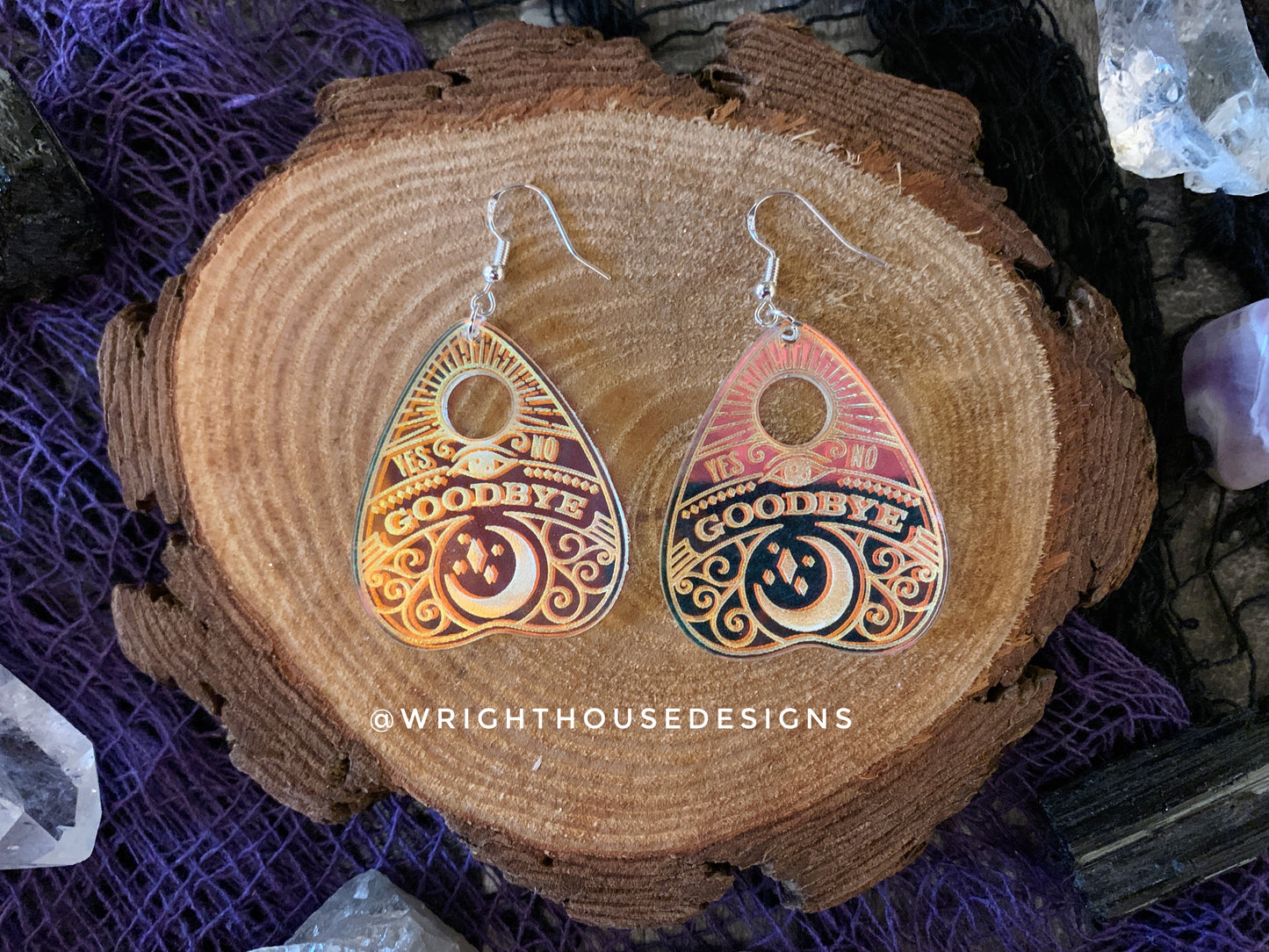 Oiji Board Planchette - Witchy Earrings - Engraved Iridescent Acrylic Handmade Jewelry