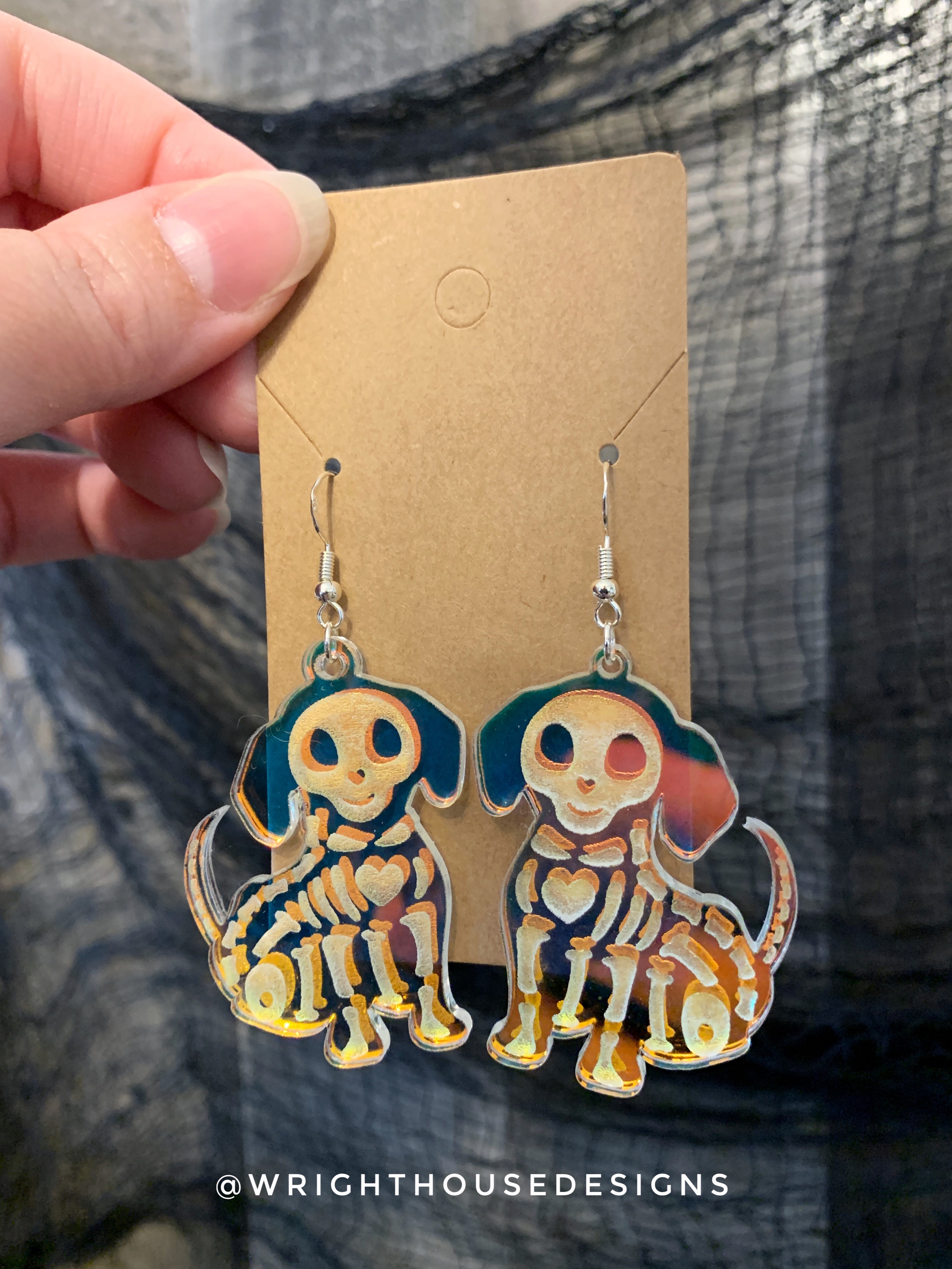 Skeleton Puppy Dogs - Halloween Earrings -Rainbow Iridescent Acrylic Handmade Jewelry