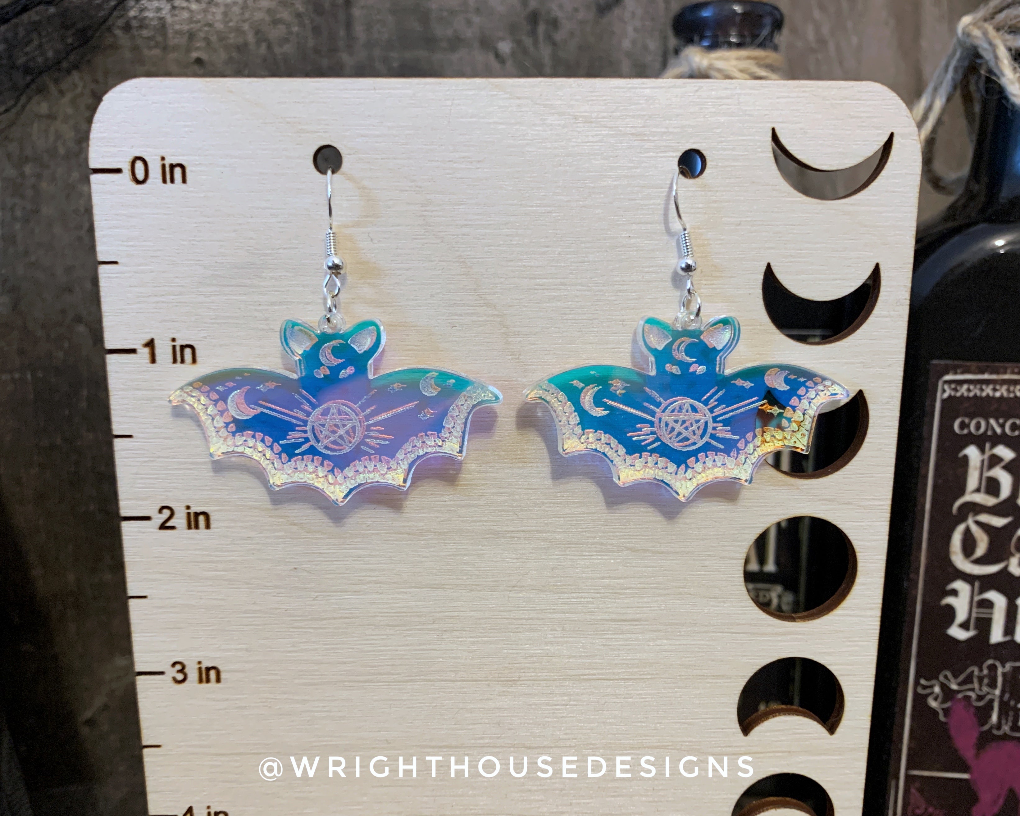 Engraved Celestial Bats - Halloween Earrings - Iridescent Acrylic Handmade Jewelry