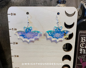 Engraved Celestial Bats - Halloween Earrings - Iridescent Acrylic Handmade Jewelry