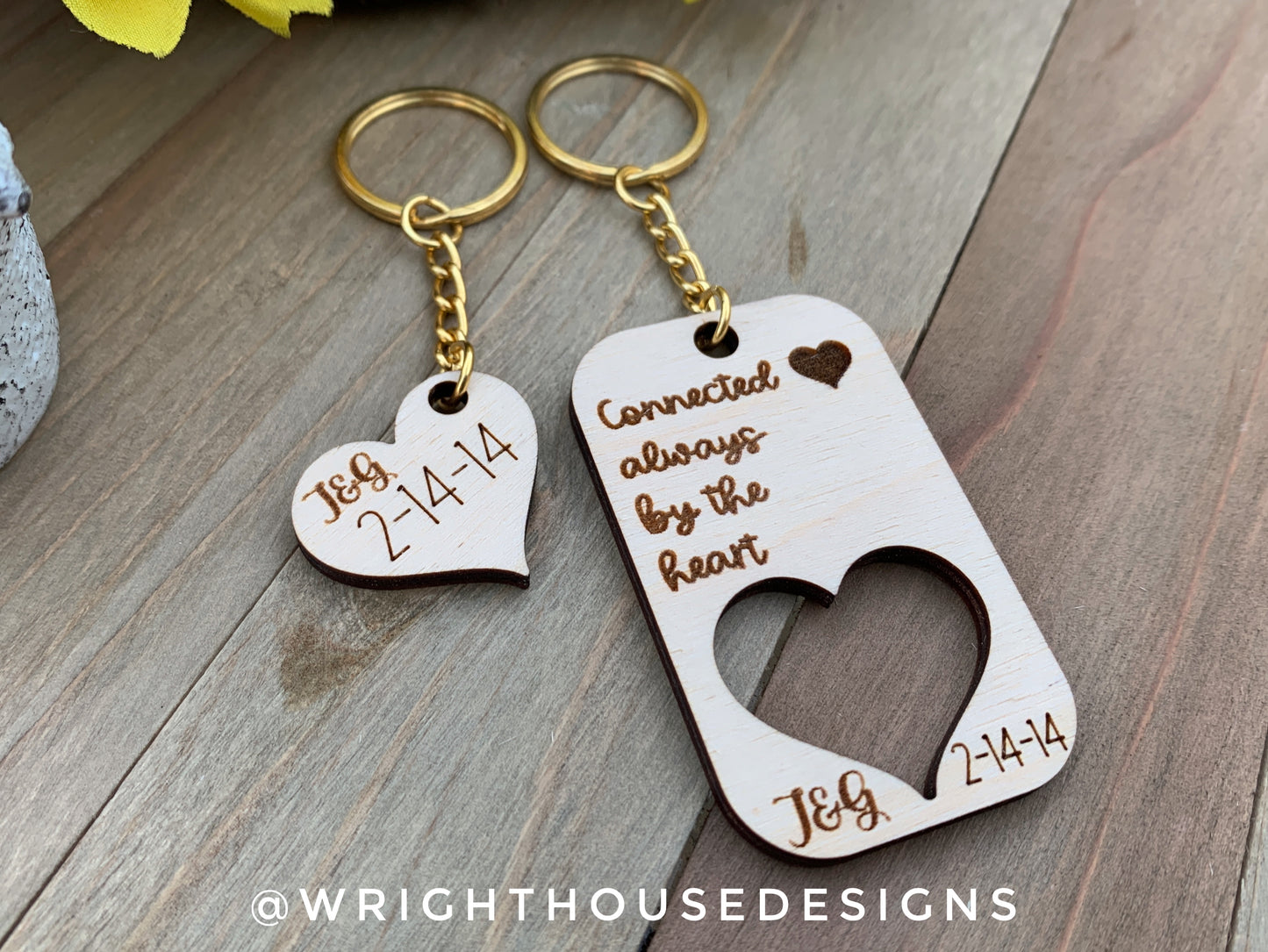 Connected Always By The Heart - Couples Interlocking Wooden Personalized Keychain