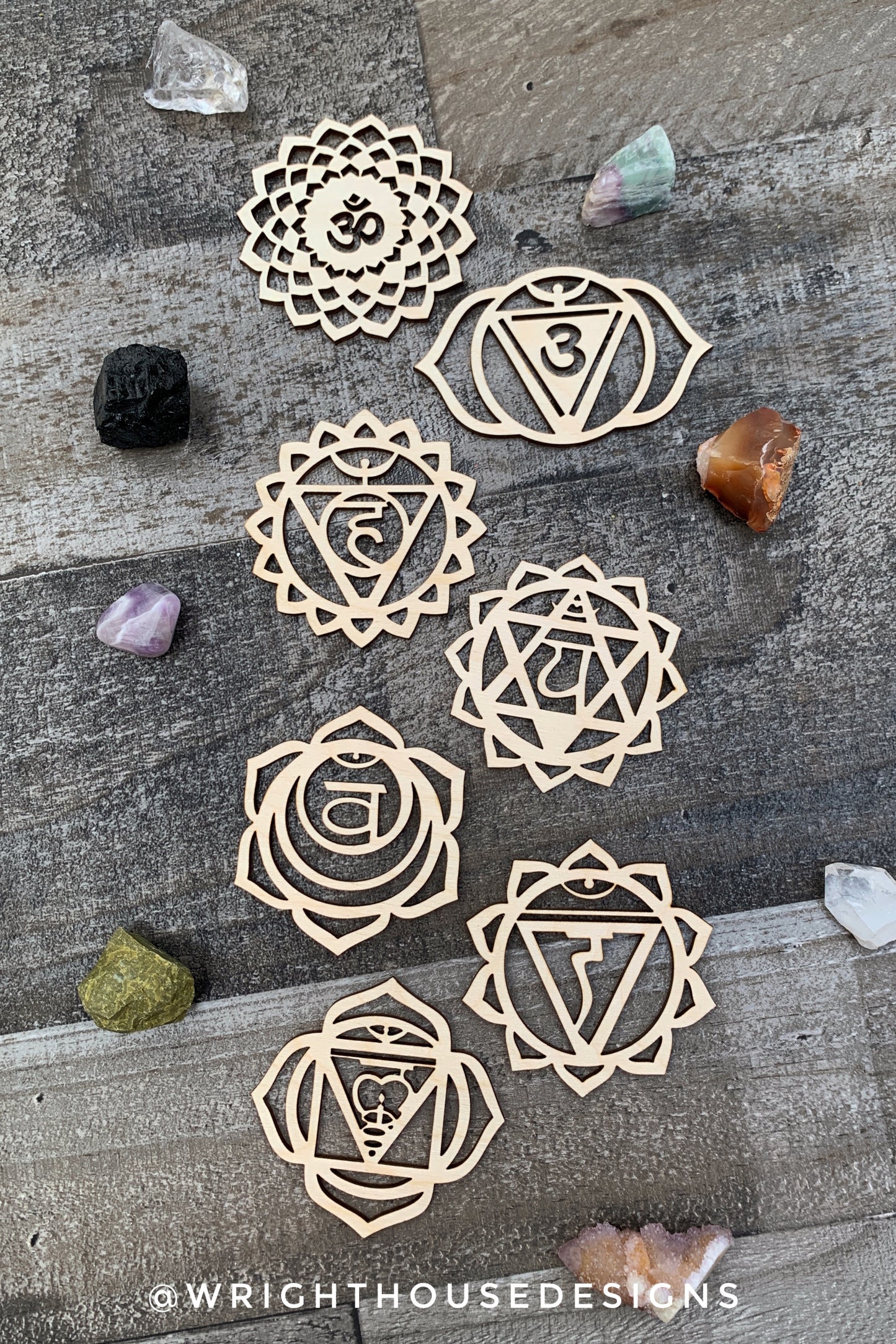 Chakra Symbols - Laser Cut Crystal Grids - Wooden Coasters - Coffee and Tea - Meditation Guide