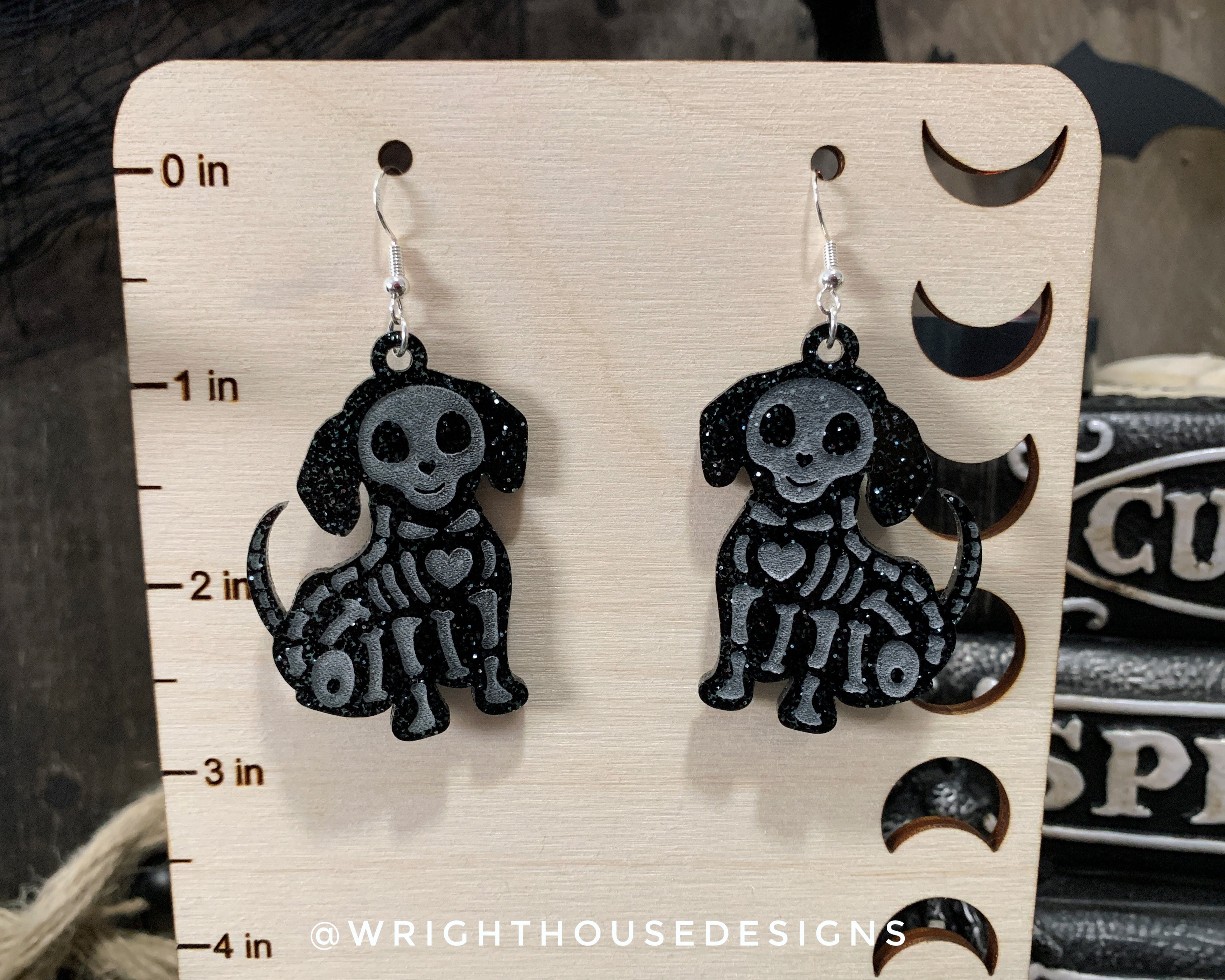 Skeleton Puppy Dogs - Halloween Earrings - Glitter Black Acrylic Handmade Jewelry
