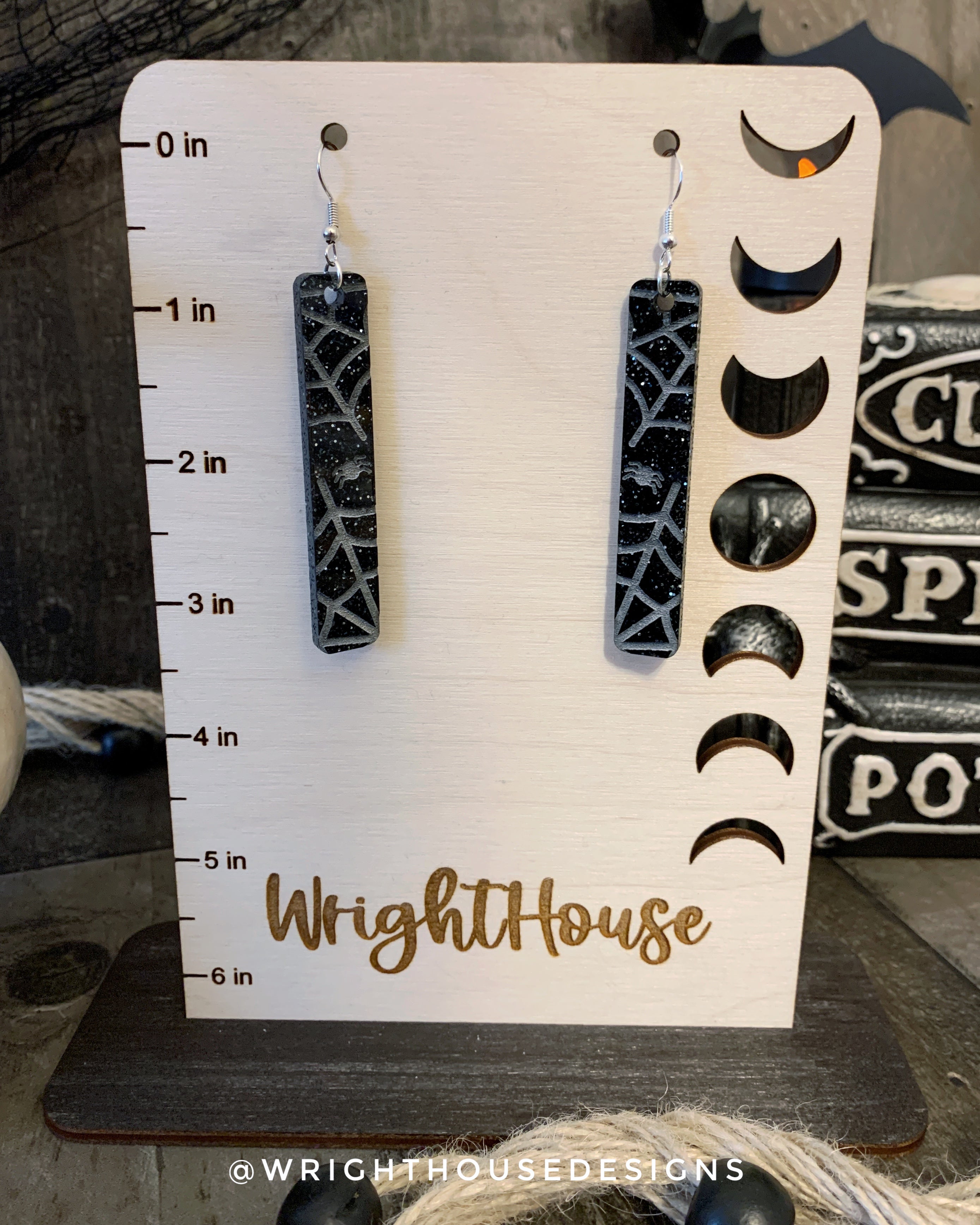 Engraved Spiderwebs - Halloween Earrings - Black Glitter Acrylic Handmade Jewelry