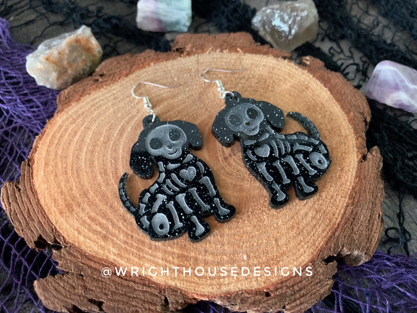 Skeleton Puppy Dogs - Halloween Earrings - Glitter Black Acrylic Handmade Jewelry