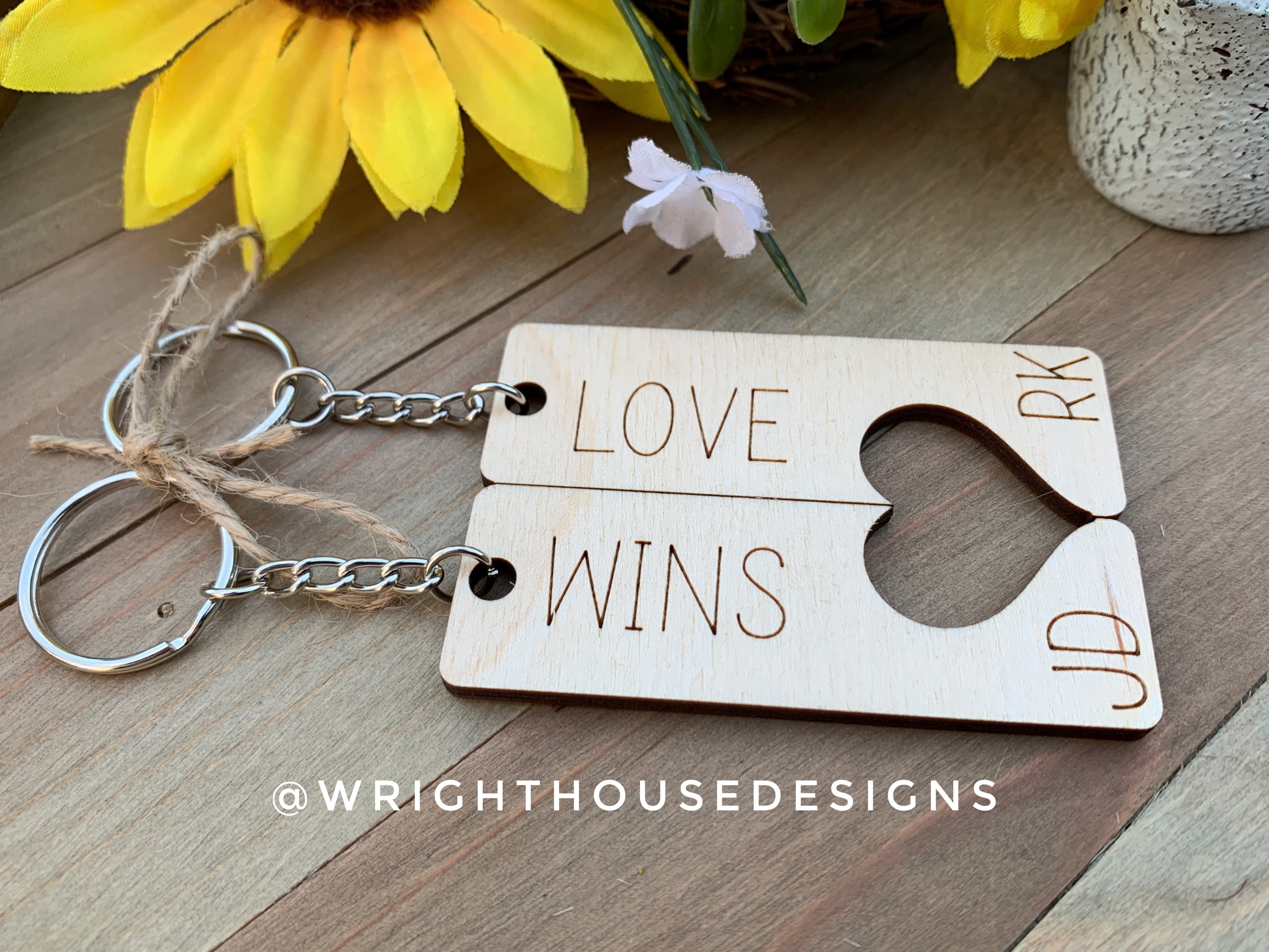 Love Wins - Couples Initial Interlocking Wooden Personalized Keychain