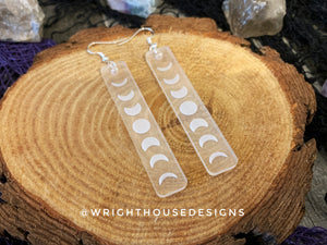 Engraved Moon Phase - Celestial Earrings - Frosted Acrylic Handmade Jewelry