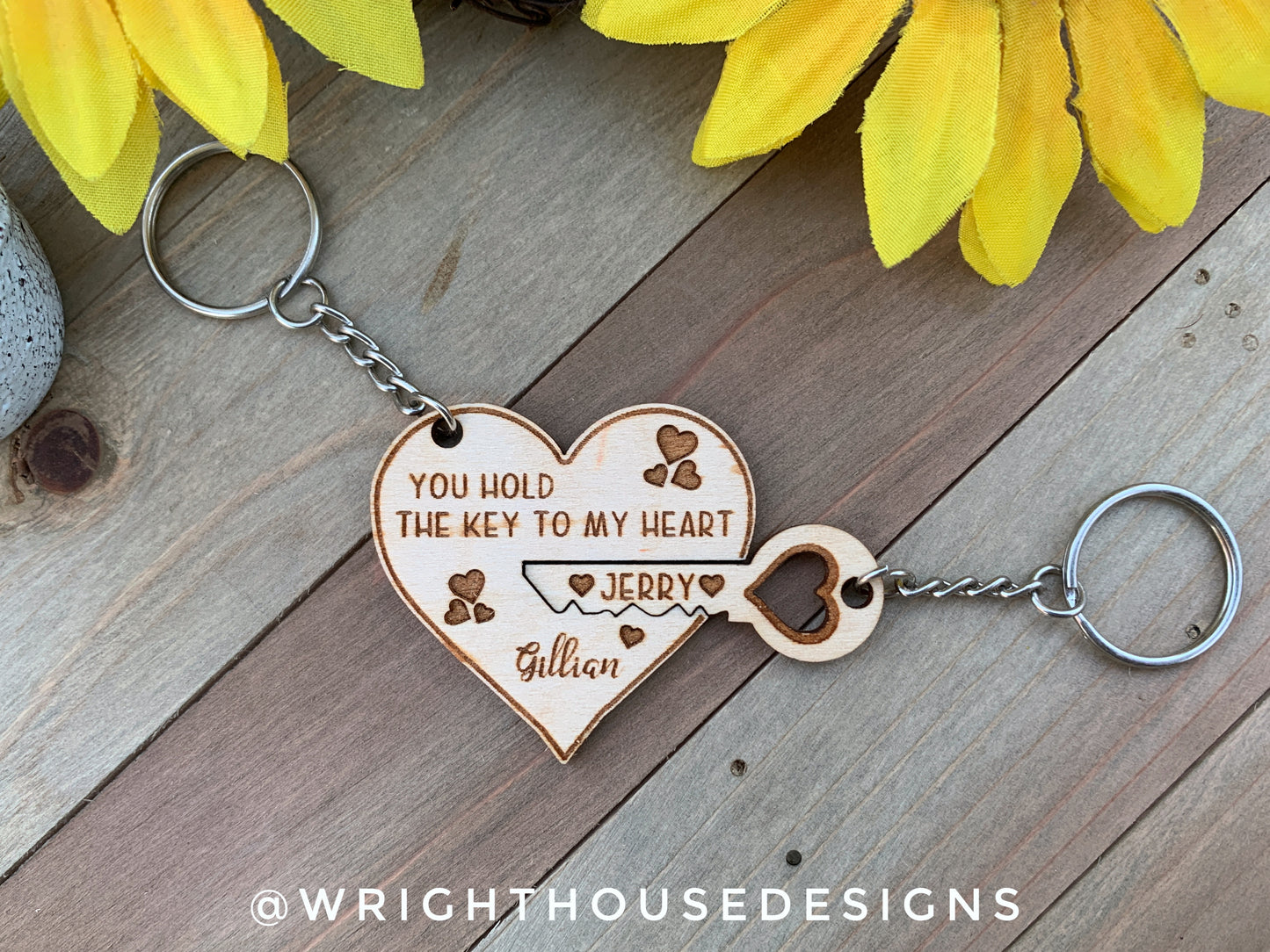 Personalized Valentine's Heart & Key Duo Wooden Keychains