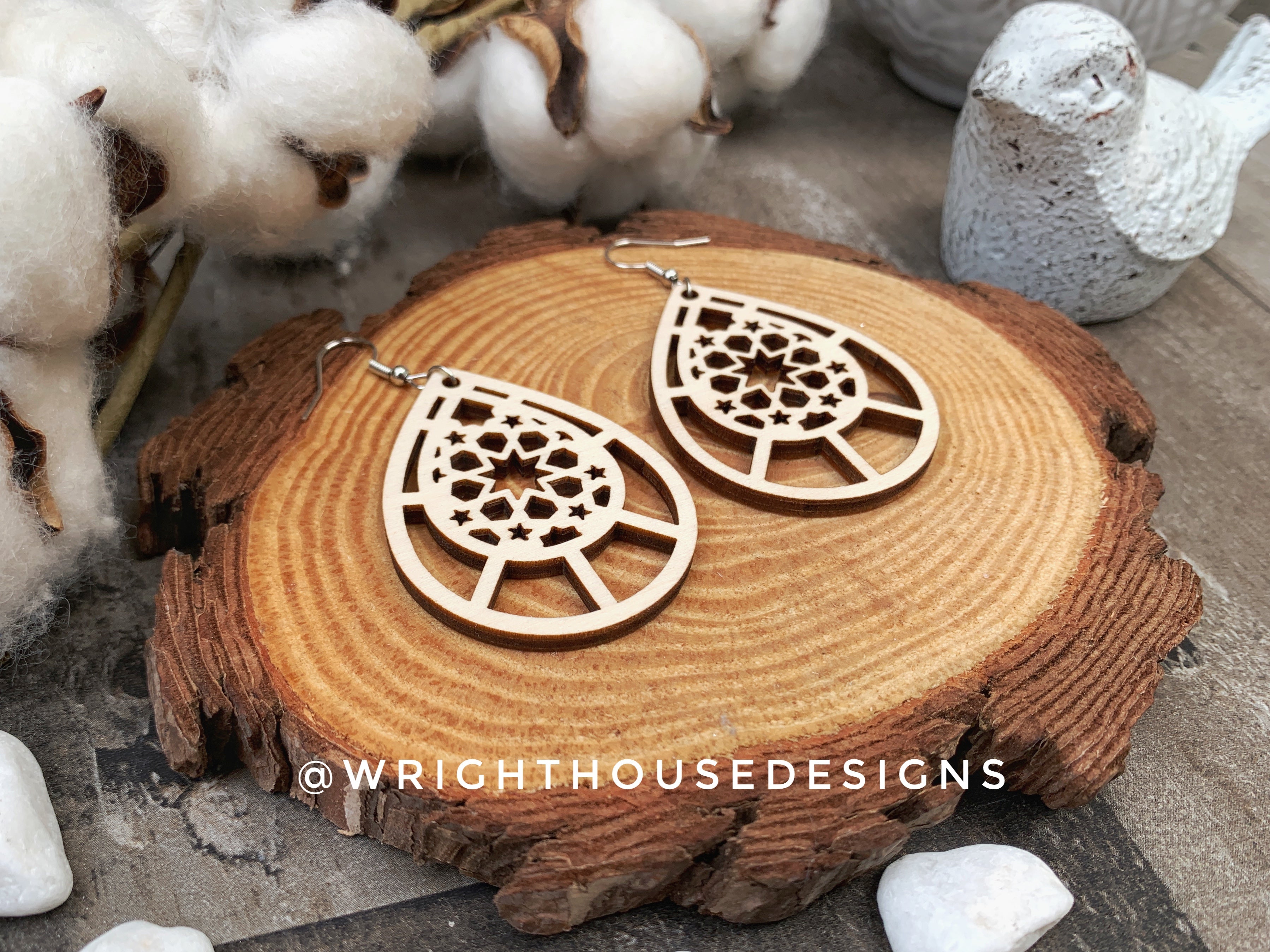 Geometric Teardrop Earrings - Style 4 - Select A Stain - Rustic Birch Wooden Handmade Jewelry