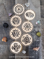Load image into Gallery viewer, Chakra Symbols - Wood Crystal Grids - Coaster - Coffee and Tea - Meditation Guide
