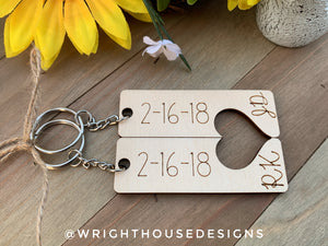 Anniversary His and Hers Cursive Initial Interlocking Wooden Personalized Keychain