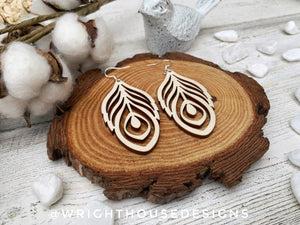 Peacock Feather Dangle Earrings - Style 7 - Rustic Birch Wooden Handmade Jewelry