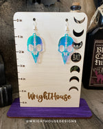 Load image into Gallery viewer, Gothic Style Bird Skulls - Witchy Halloween Earrings - Iridescent Acrylic Handmade Jewelry
