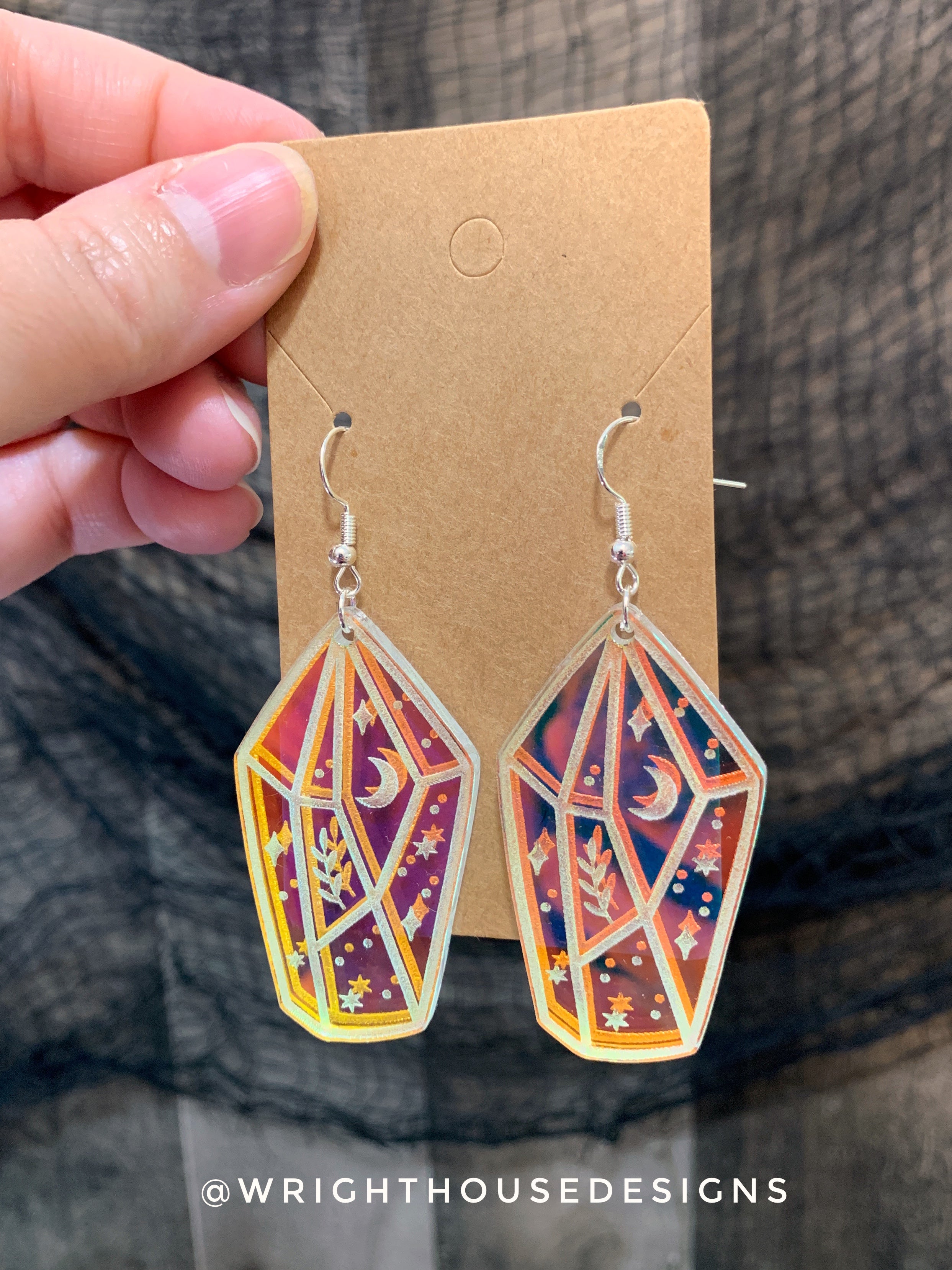 Celestial Crystals Style One - Witchy Earrings - Engraved Iridescent Acrylic Handmade Jewelry
