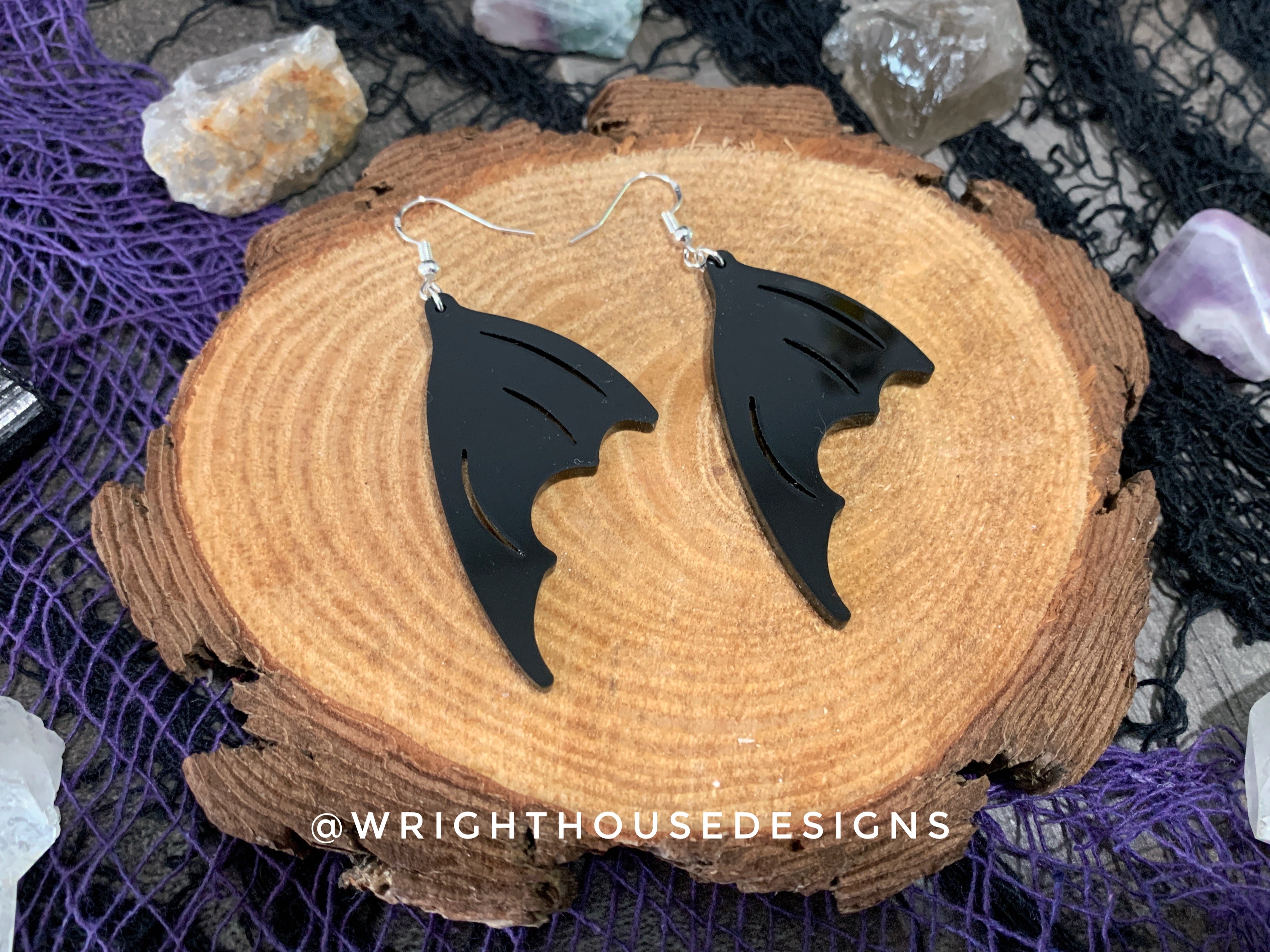 Witchy Black Bat Wings - Cut Halloween Earrings - Gloss Black Acrylic Handmade Jewelry