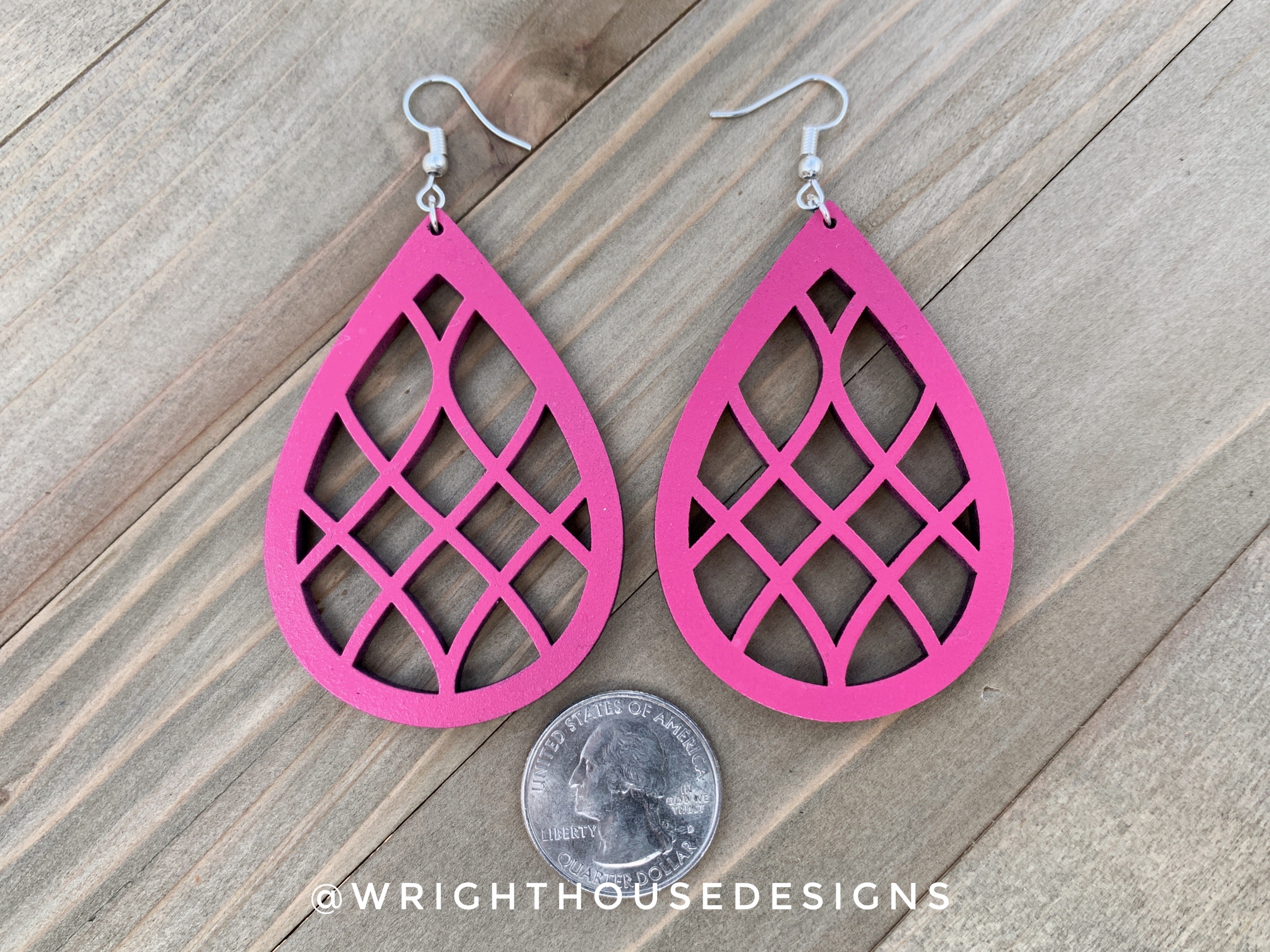 Pink and Black - Geometric Pattern - Painted Wooden Earrings