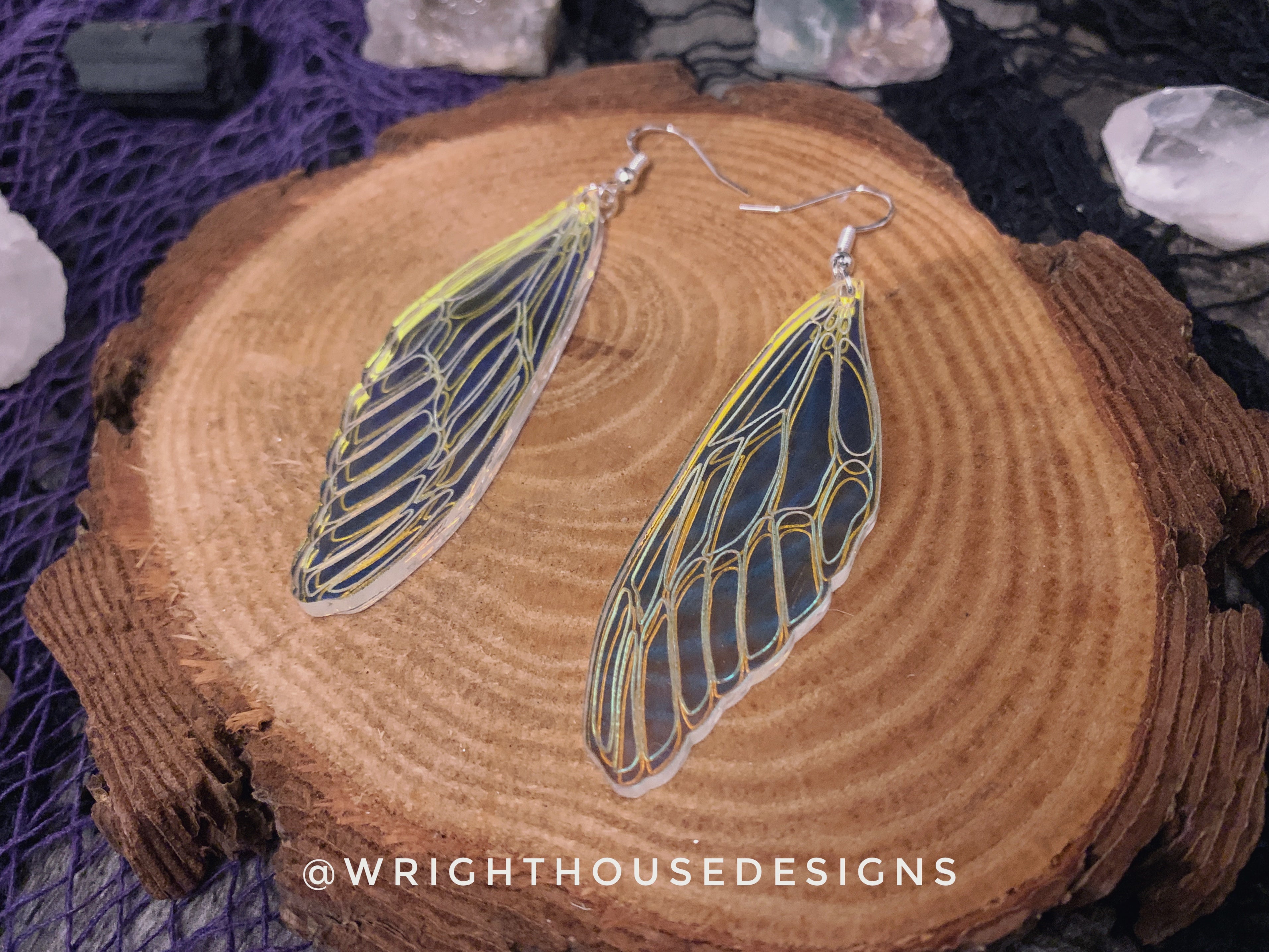 Dragonfly Wings - Witchy Earrings - Engraved Iridescent  Acrylic Handmade Jewelry