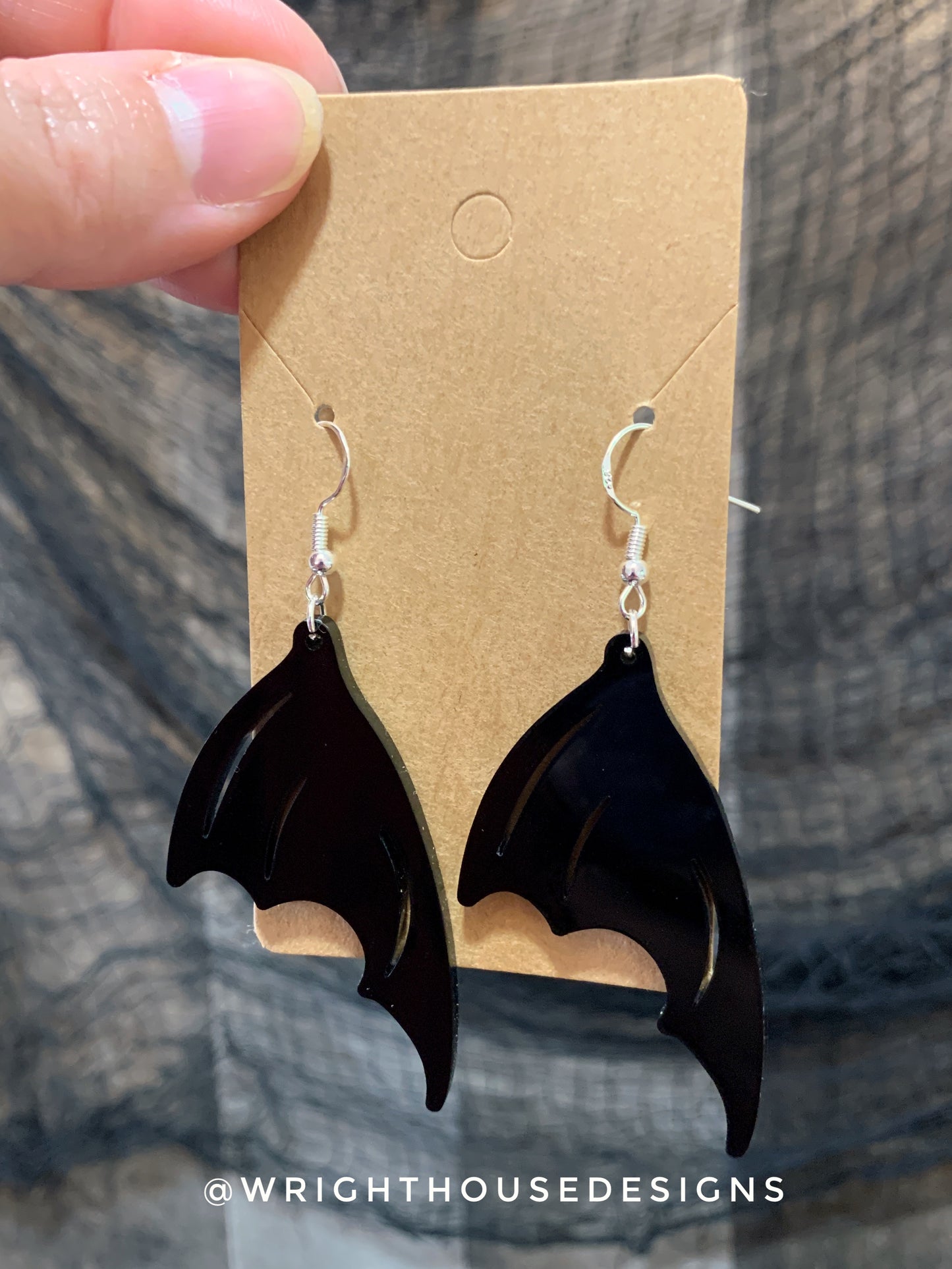 Witchy Black Bat Wings - Cut Halloween Earrings - Gloss Black Acrylic Handmade Jewelry
