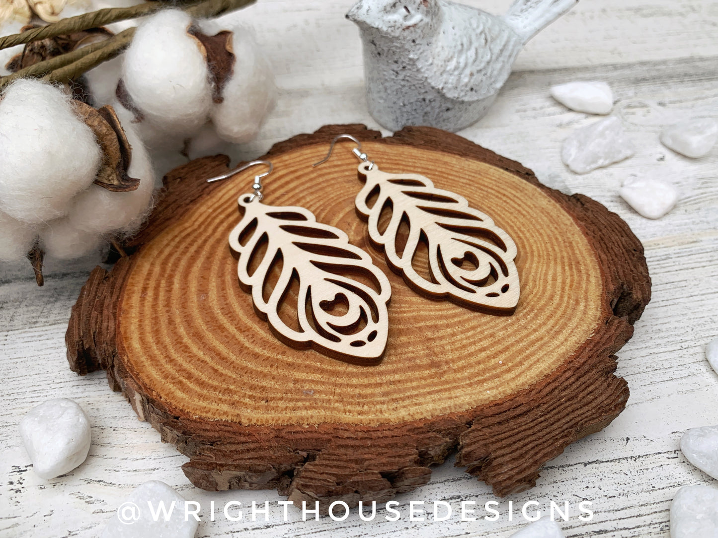 Peacock Feather Dangle Earrings - Style 5 - Rustic Birch Wooden Handmade Jewelry