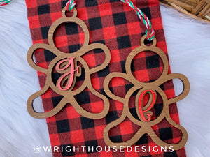 Personalized Gingerbread - Monogram Name Initial - Wooden Christmas Tree Ornament - Gift Bag Tag - Handmade - Winter Decor - Holiday Gift