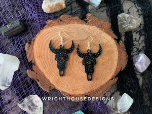 Gothic Style Cow Skulls - Witchy Halloween Earrings - Glitter Black Acrylic Handmade Jewelry