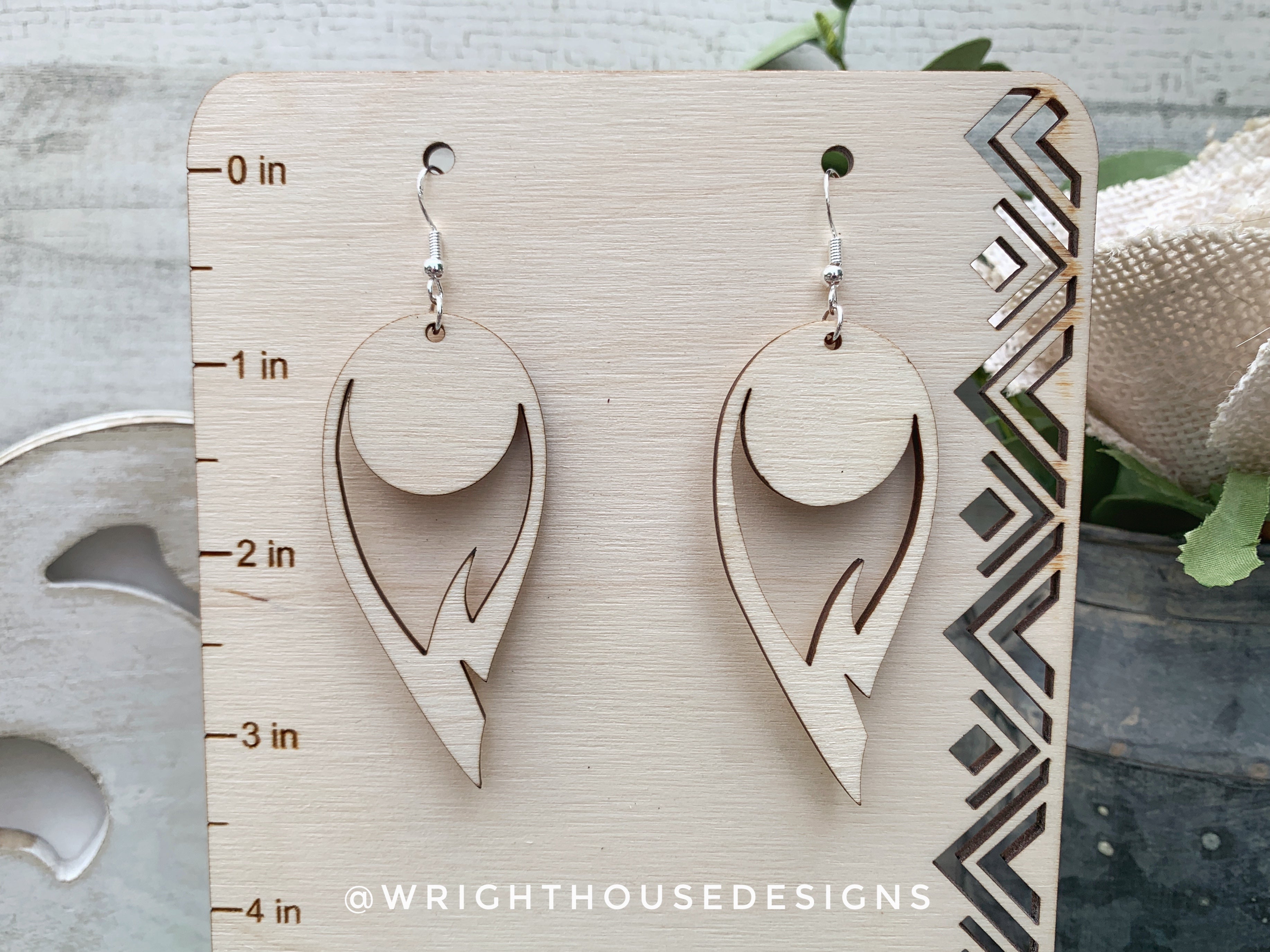 Peacock Feather Dangle Earrings - Style 8 - Rustic Birch Wooden Handmade Jewelry