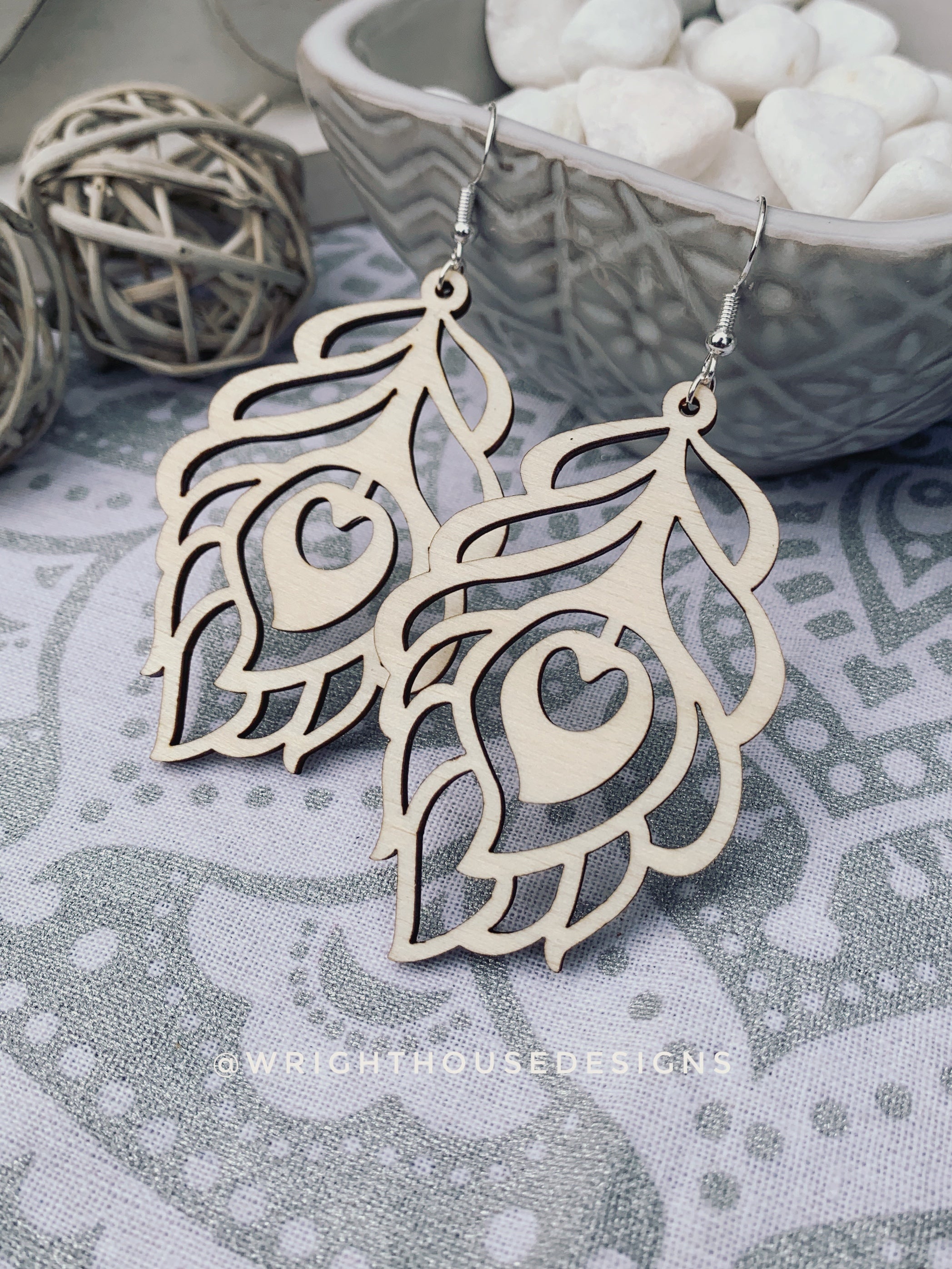 Peacock Feather Dangle Earrings - Style 4 - Rustic Birch Wooden Handmade Jewelry