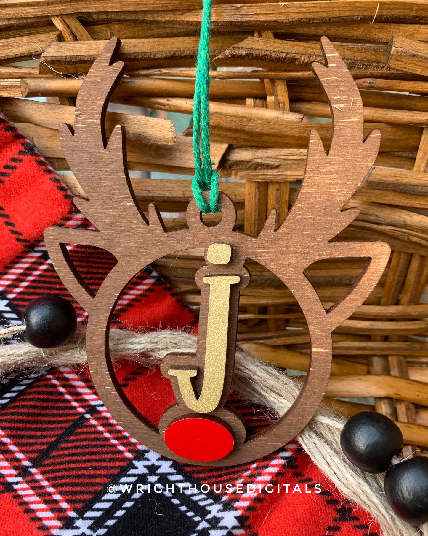 Personalized Reindeer - Monogram Name Initial - Wooden Christmas Tree Ornament - Gift Bag Tag - Handmade - Winter Decor - Holiday Gift