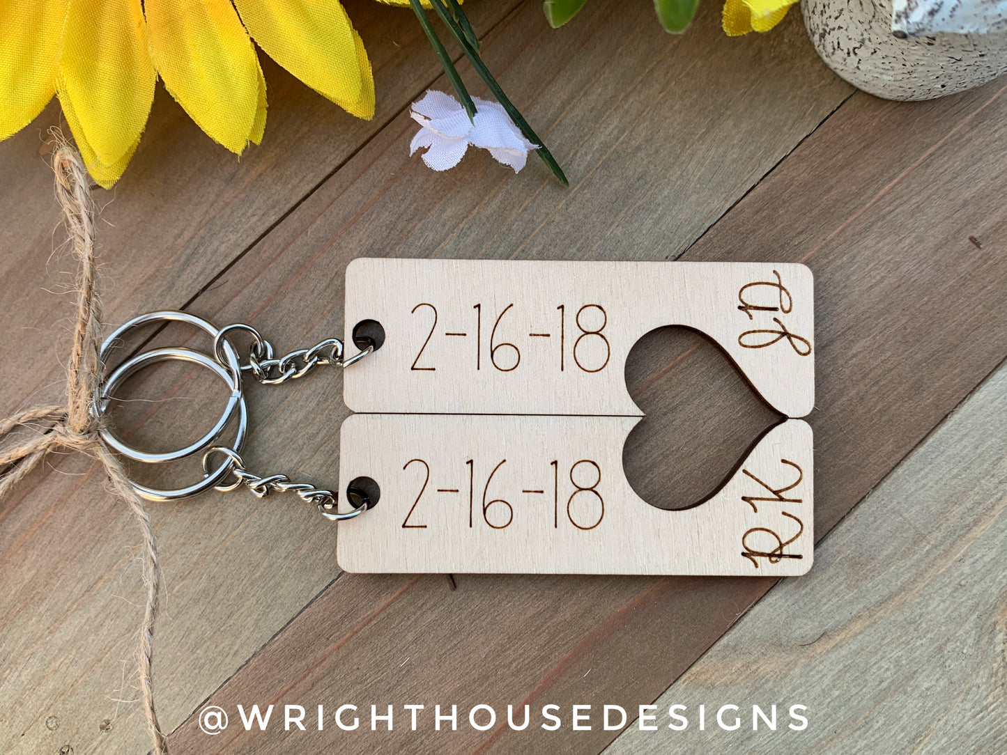 Anniversary His and Hers Cursive Initial Interlocking Wooden Personalized Keychain