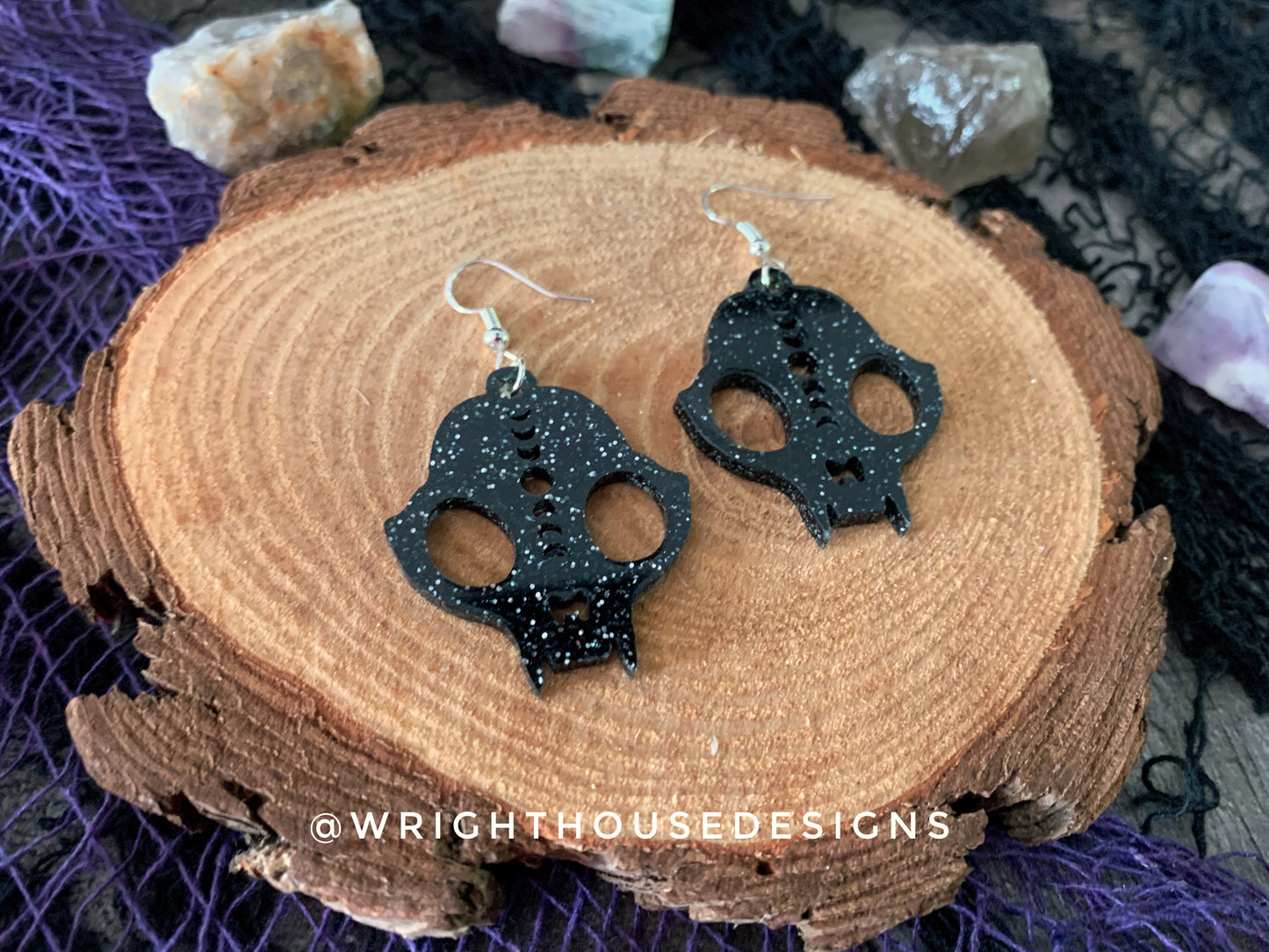 Gothic Style Cat Skulls - Witchy Halloween Earrings - Glitter Black Acrylic Handmade Jewelry