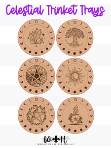 Celestial Wooden Trinket Trays - Engraved Coffee Coasters - Decorative Desk and Night Stand Organizer