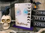 Load image into Gallery viewer, Oiji Board Planchette - Witchy Earrings - Engraved Iridescent Acrylic Handmade Jewelry
