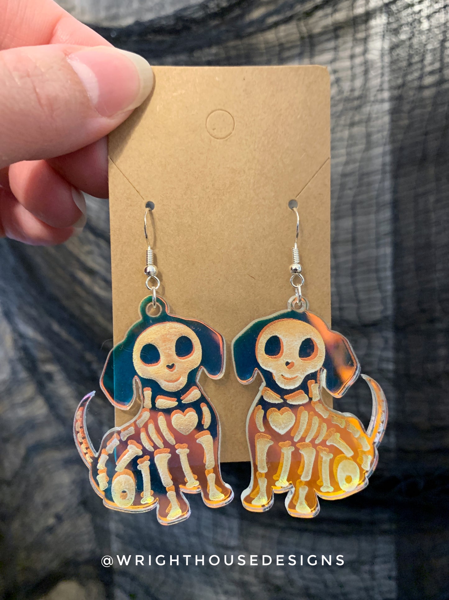Skeleton Puppy Dogs - Halloween Earrings -Rainbow Iridescent Acrylic Handmade Jewelry