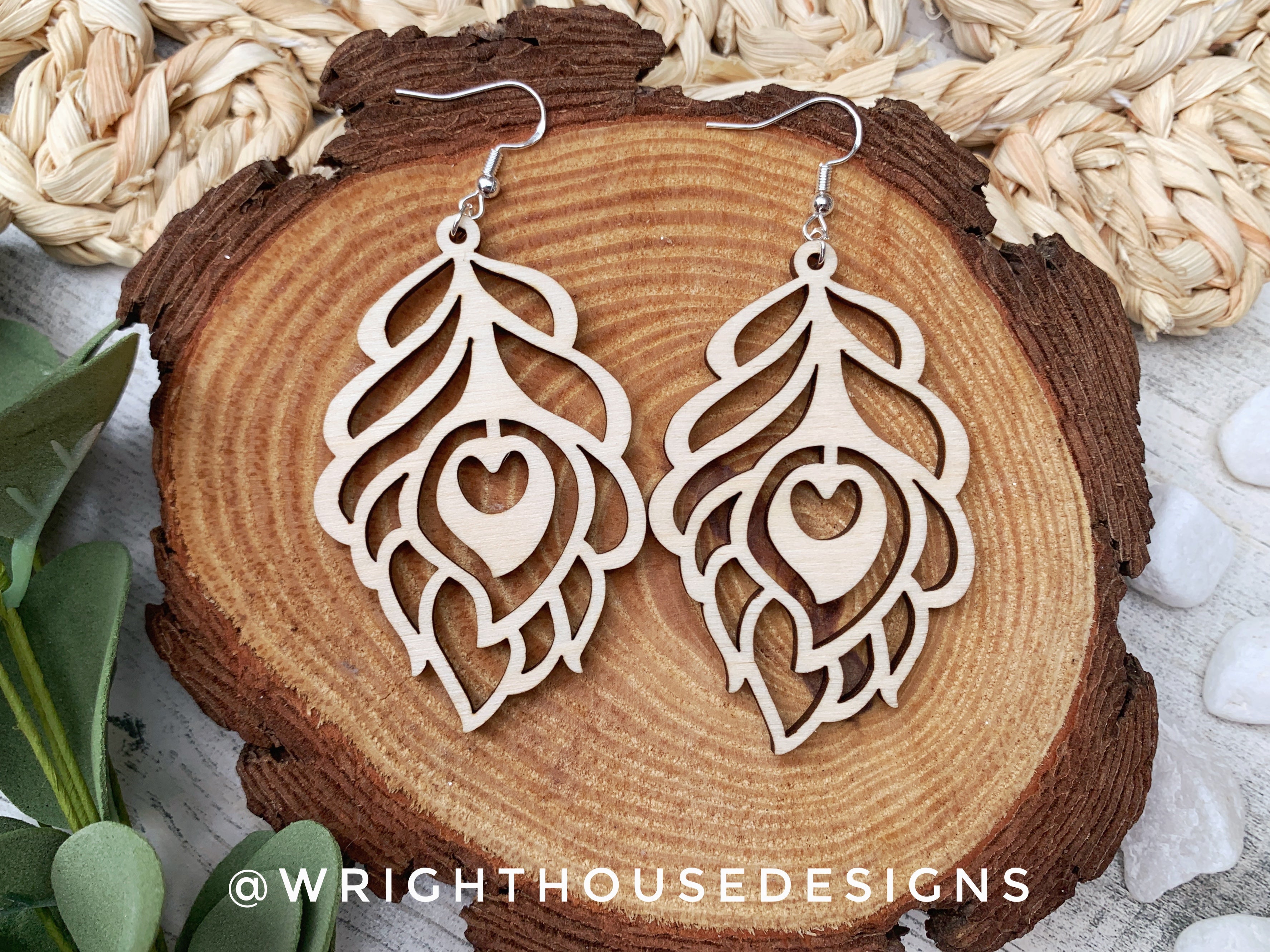 Peacock Feather Dangle Earrings - Style 4 - Rustic Birch Wooden Handmade Jewelry