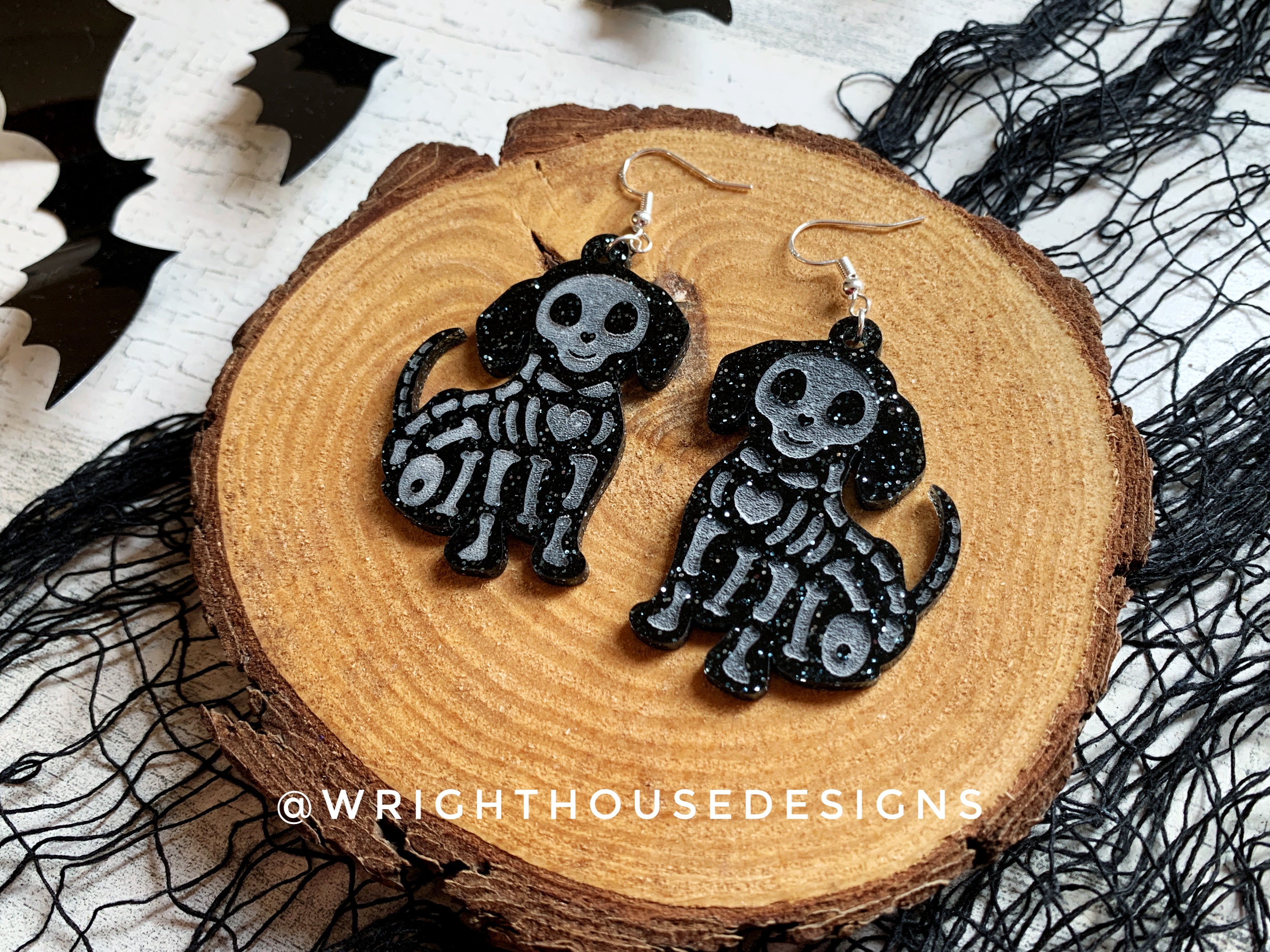 Skeleton Puppy Dogs - Halloween Earrings - Glitter Black Acrylic Handmade Jewelry