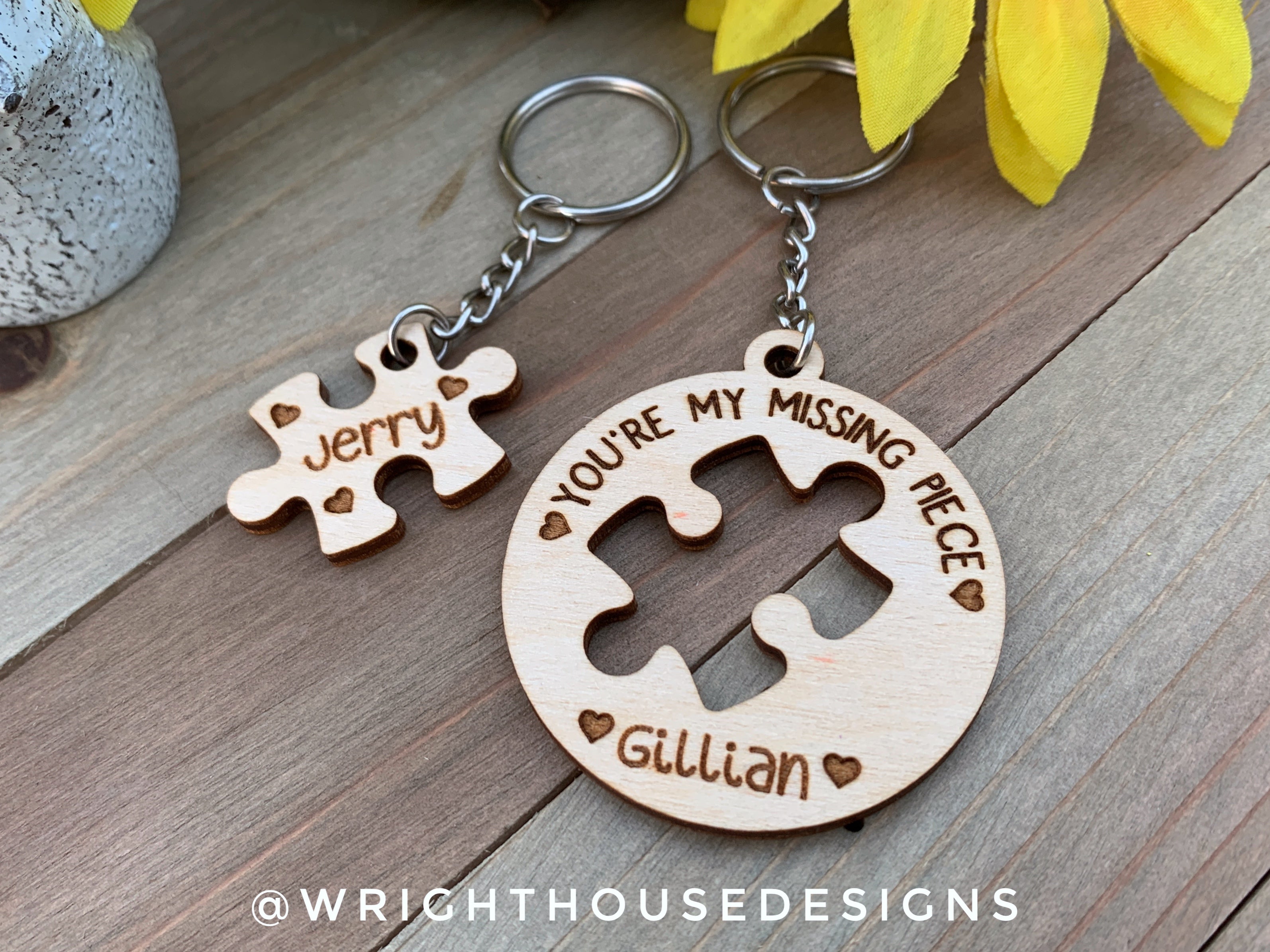 Valentine's Round & Puzzle Piece Duo Wooden Keychains
