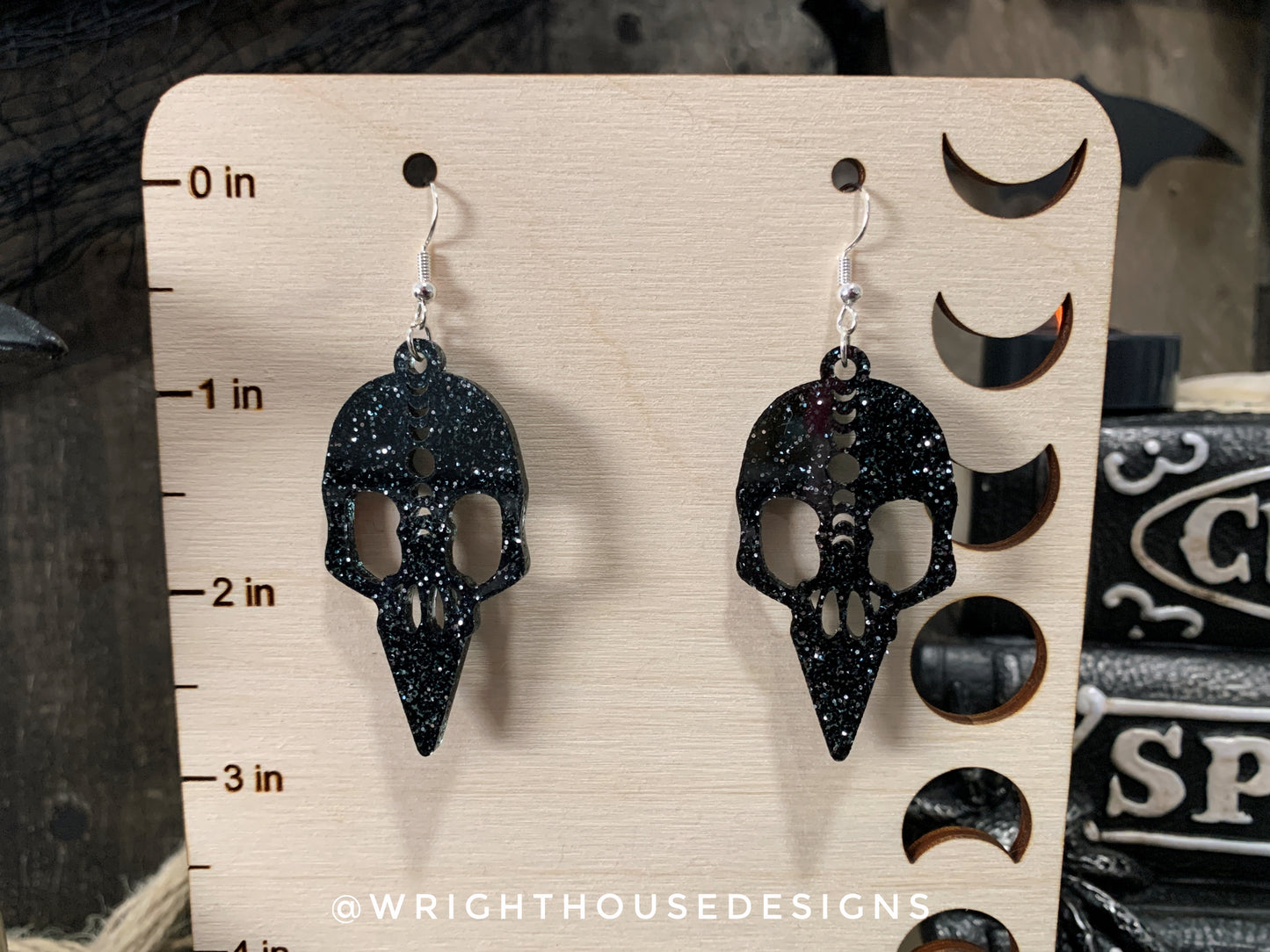 Gothic Style Bird Skulls - Witchy Halloween Earrings - Glitter Black Acrylic Handmade Jewelry
