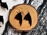 Load image into Gallery viewer, Witchy Black Bat Wings - Cut Halloween Earrings - Gloss Black Acrylic Handmade Jewelry
