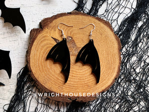 Witchy Black Bat Wings - Cut Halloween Earrings - Gloss Black Acrylic Handmade Jewelry