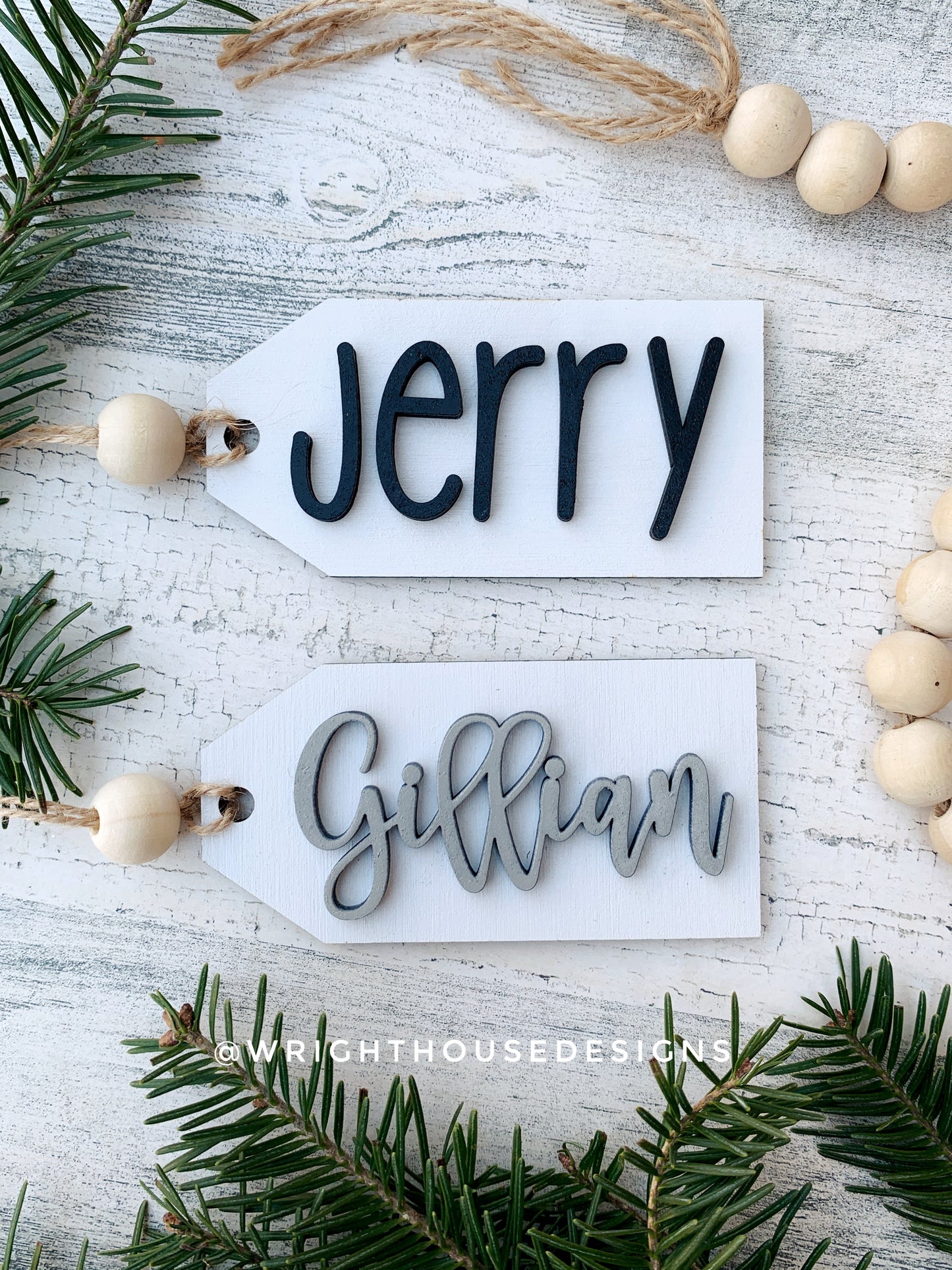 Custom Christmas Stocking Tags - Personalized Gift Bag Name Tags - Stained and Painted Wooden Tree Ornaments