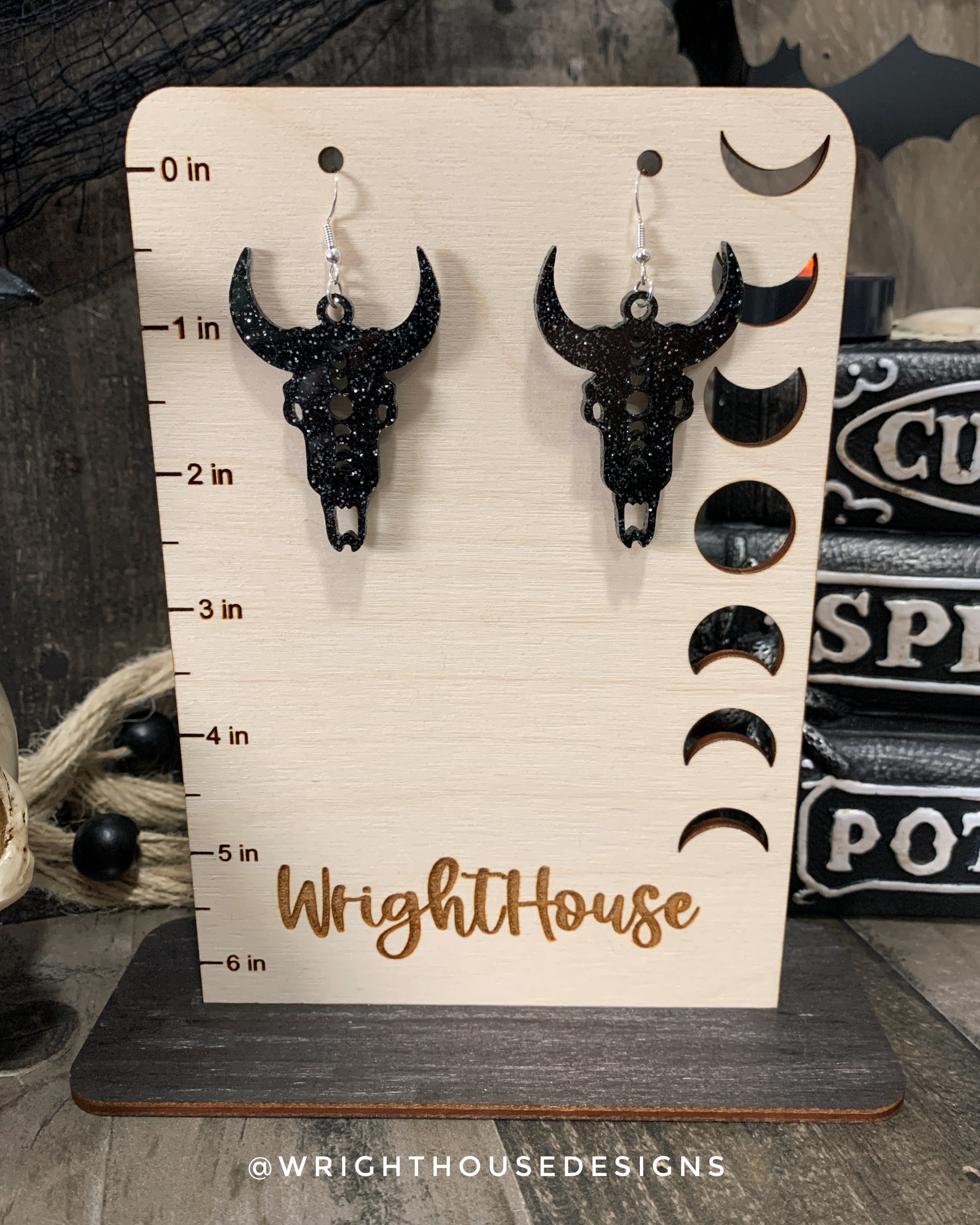 Gothic Style Cow Skulls - Witchy Halloween Earrings - Glitter Black Acrylic Handmade Jewelry