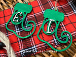 Load image into Gallery viewer, Personalized Elf Stocking - Monogram Name Initial - Wooden Christmas Tree Ornament - Gift Bag Tag - Handmade - Winter Decor - Holiday Gift
