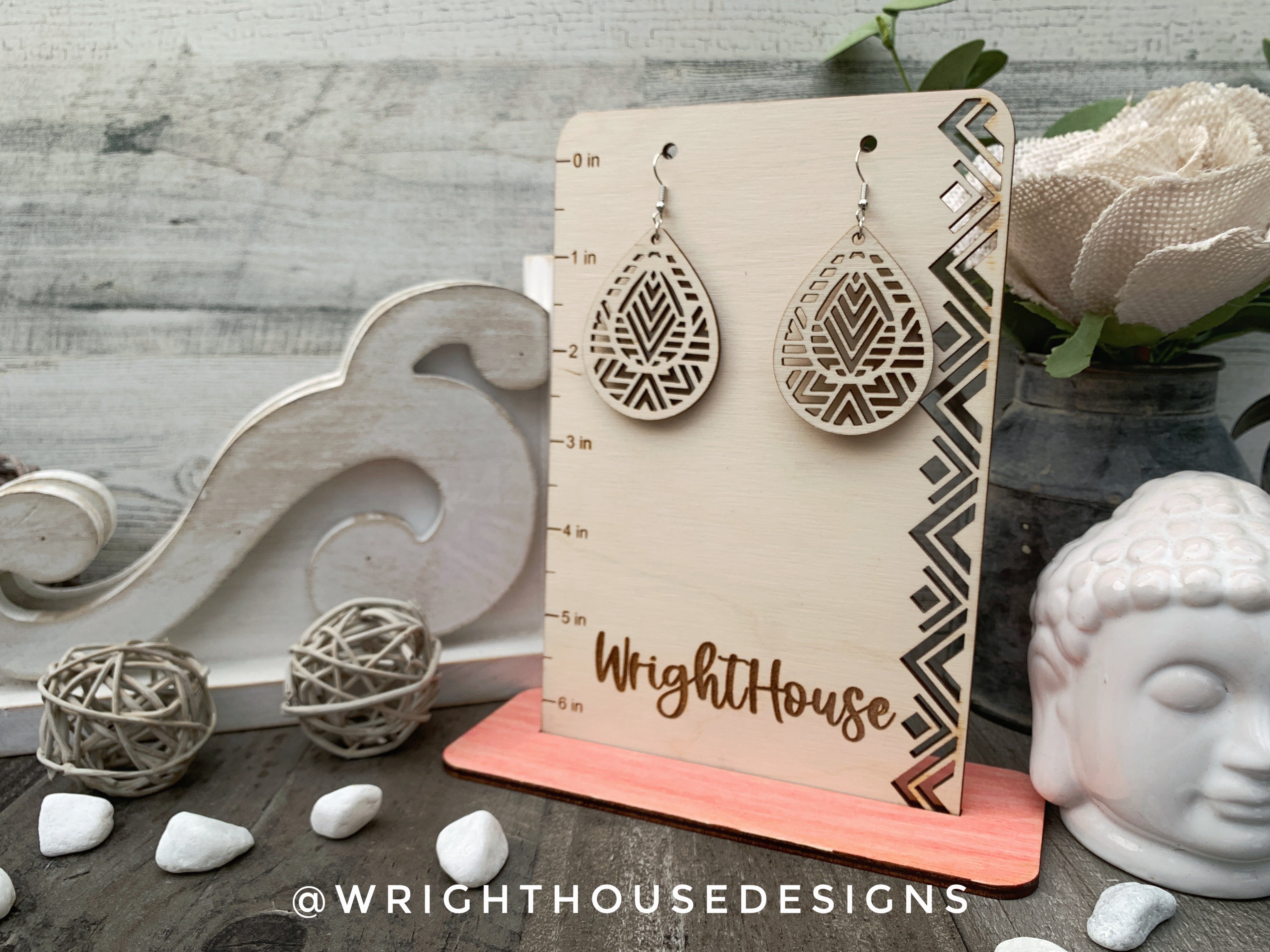 Geometric Teardrop Earrings - Style 7 - Select A Stain - Rustic Birch Wooden Handmade Jewelry
