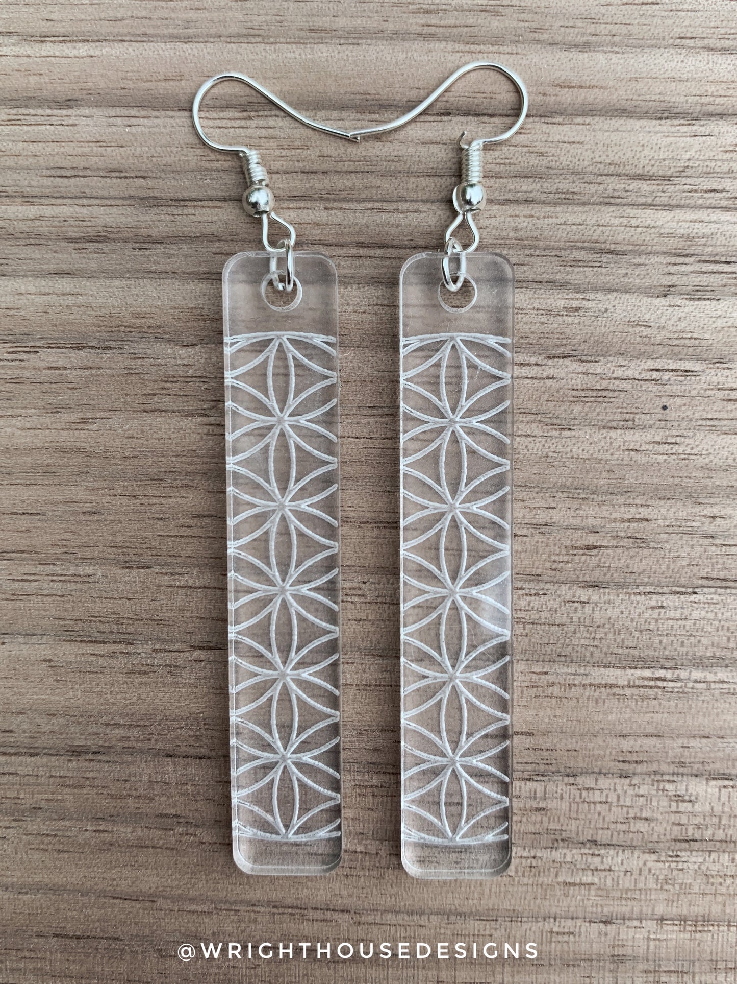 Flower of Life Dangle Earrings - Engraved Clear Acrylic - Laser Cut Accessories - Handmade Jewelry