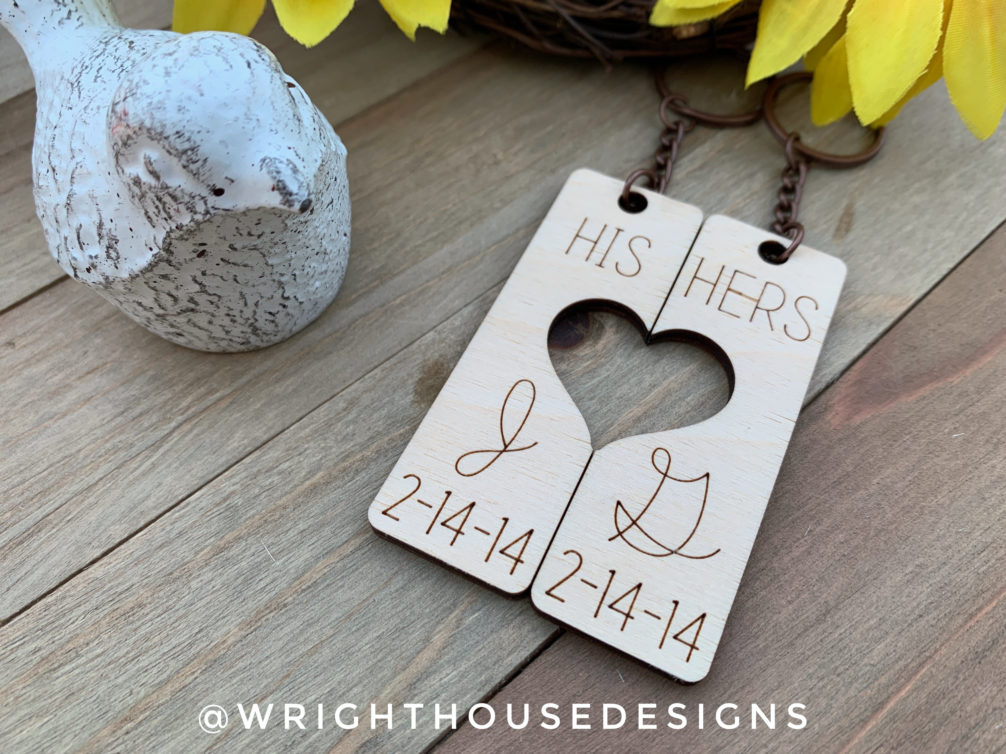 His and Hers - Couples Cursive Initial Interlocking Wooden Personalized Keychain