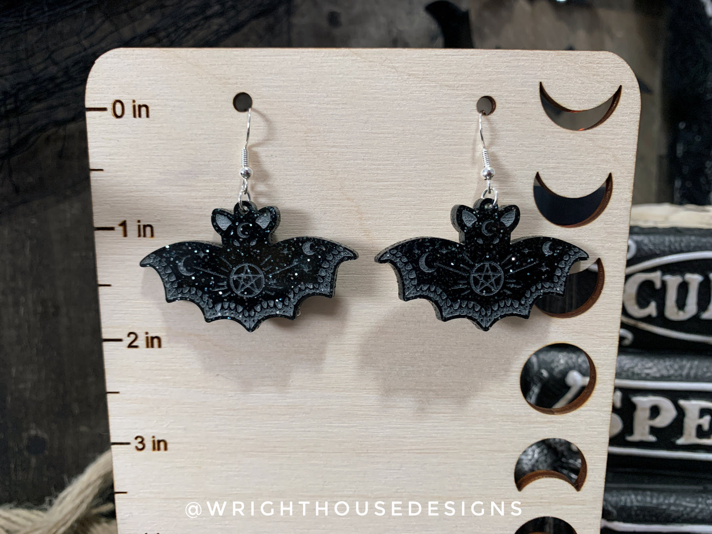 Engraved Celestial Bats - Halloween Earrings - Black Glitter Acrylic Handmade Jewelry