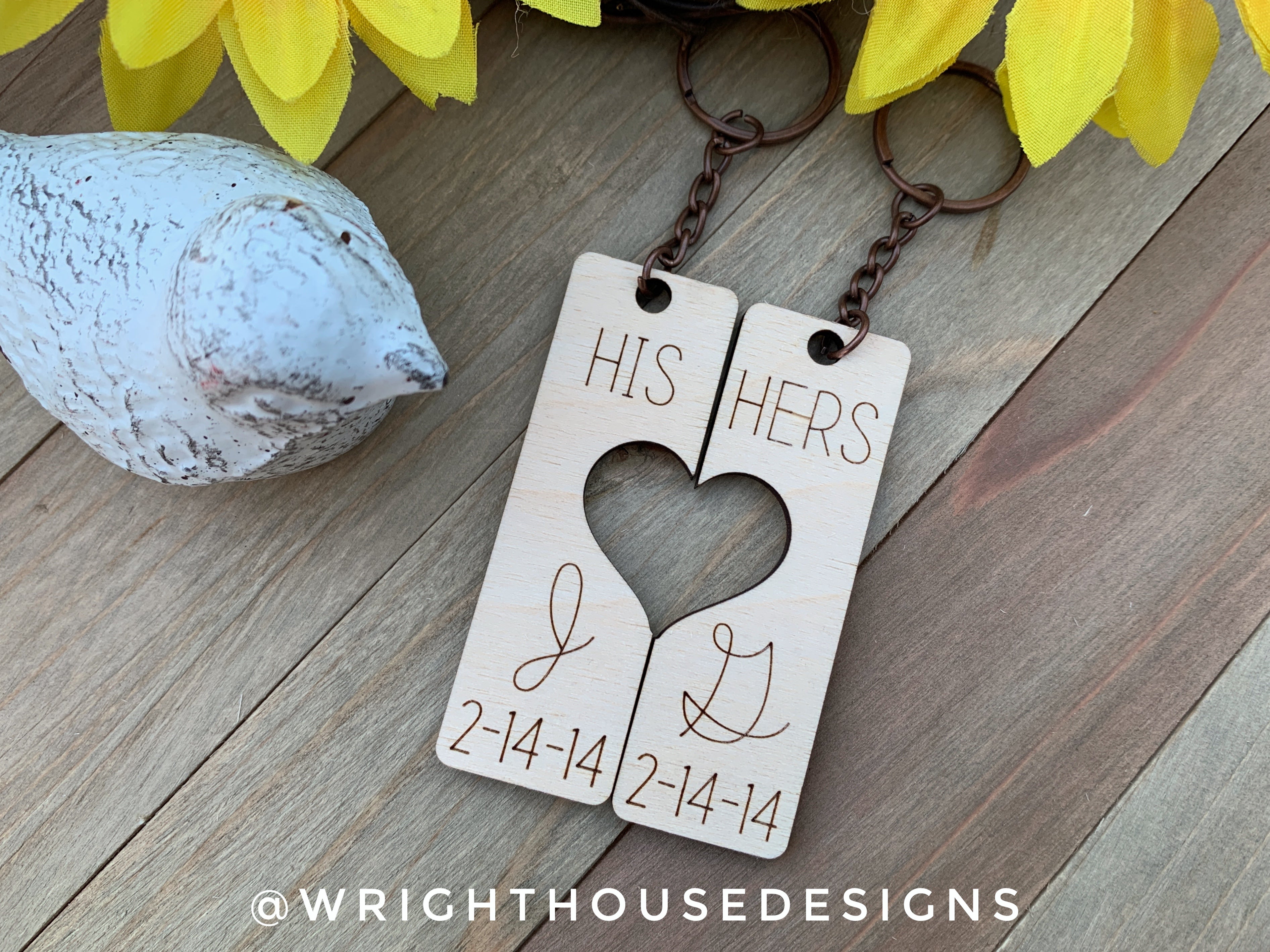 His and Hers - Couples Cursive Initial Interlocking Wooden Personalized Keychain